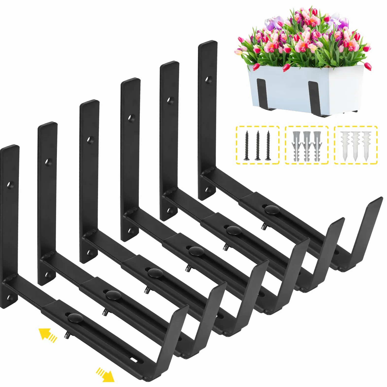LukLoy Lot de 6 supports muraux réglables pour jardinière de fenêtre (15,2 à 30,5 cm), avec une capacité de 31,8 kg, noir