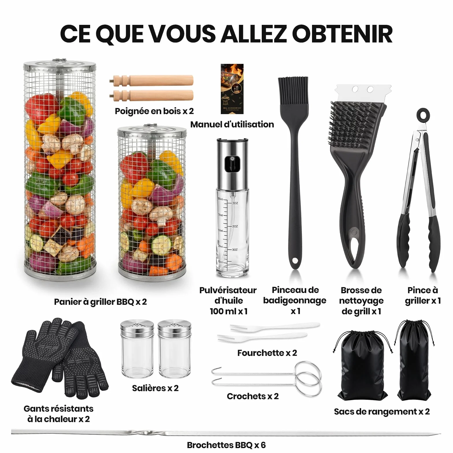 Set de Panier à Barbecue Roulant avec Accessoires, Acier Inoxydable 304, Poignée Détachable, 18 Pièces