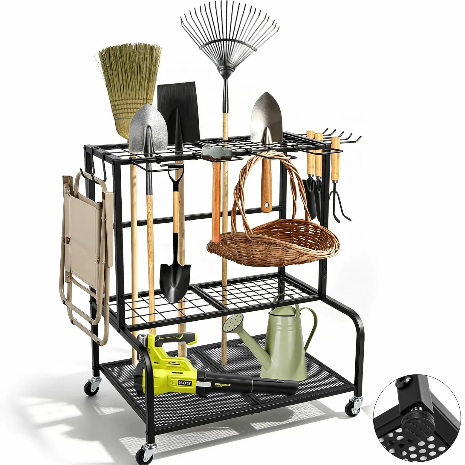 Support de rangement pour outils de jardin, 61 x 41 x 66 cm, pour 78 outils à long manche, gestion de garage avec 11 crochets et roues pivotantes à 360°