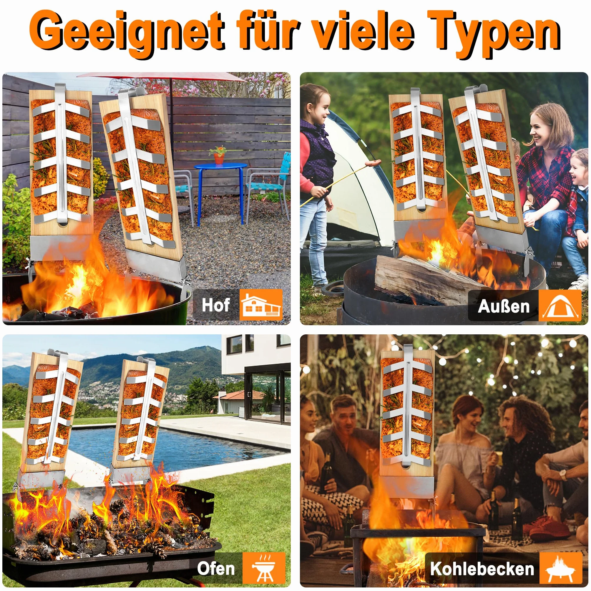 LZQ Lot de 4 planches à saumon flambé avec support en acier inoxydable 5 niveaux réglables