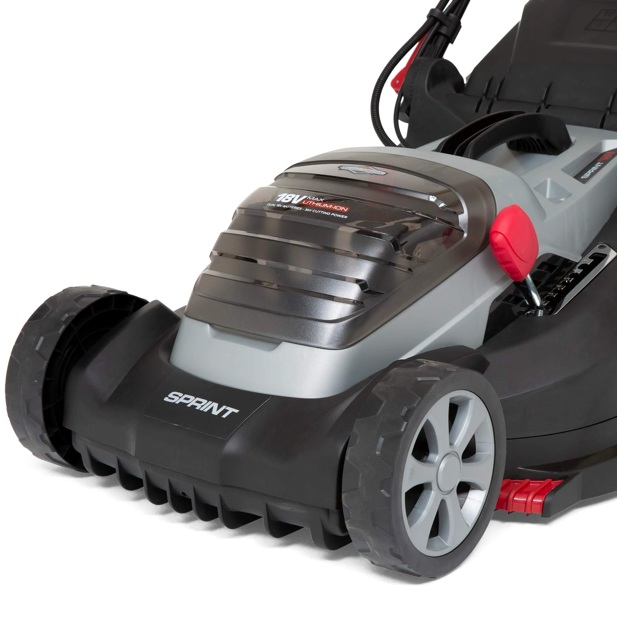 Sprint 2x18V (36V) Tondeuse à gazon Lithium-Ion 44 cm de largeur de coupe 440P18V, Powered by Briggs & Stratton, jusqu'à 640 m2, comprenant 2 batteries 5 Ah et un double chargeur, garantie 5 ans.