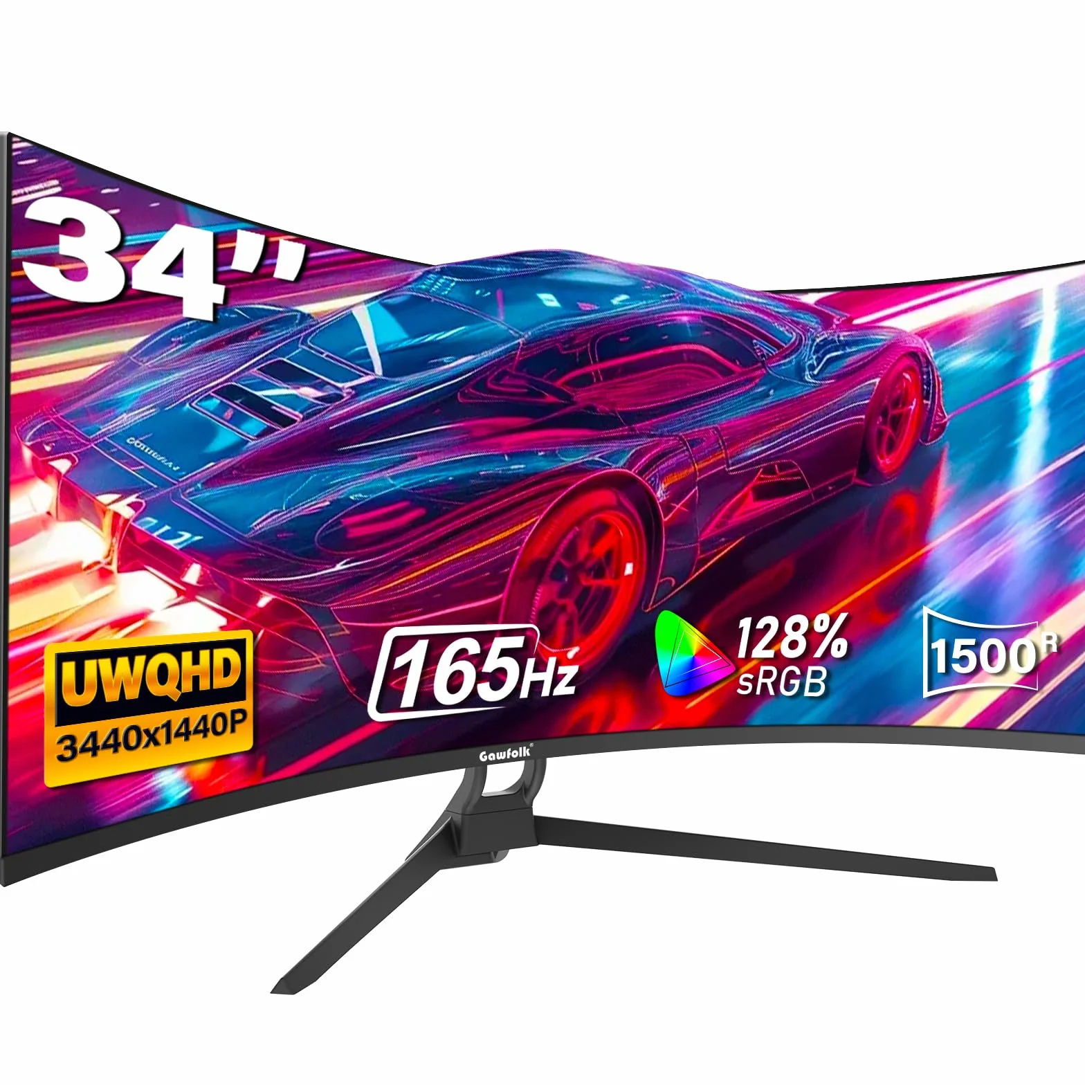 Gawfolk Écran PC Incurvé 34 Pouces Moniteur Gaming 1500R 165Hz UWQHD 2K 3440x1440 128% sRGB 1ms MPRT HDMI DP