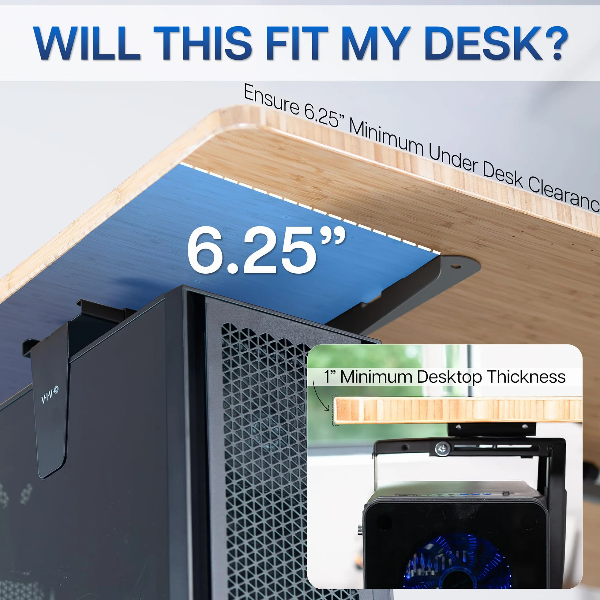 Vivo MOUNT-PC01L Support PC réglable Bureau Mur, Support CPU pivotant Verrouillage sécurisé Noir