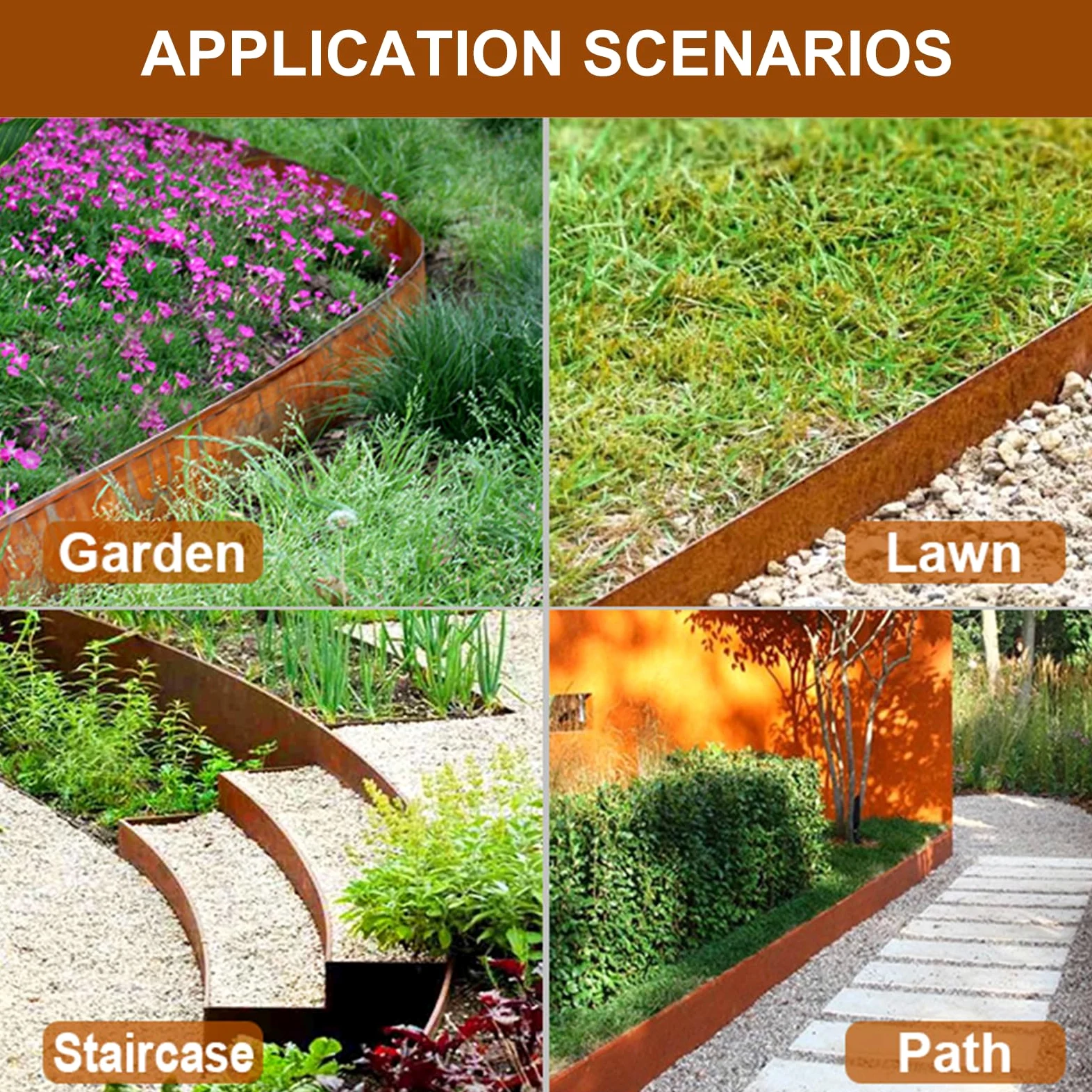 Bordure de pelouse en métal robuste pour jardin et pelouse | Bordure de pelouse en acier Corten aspect rouille - Bordure de parterre pour pelouse DIY