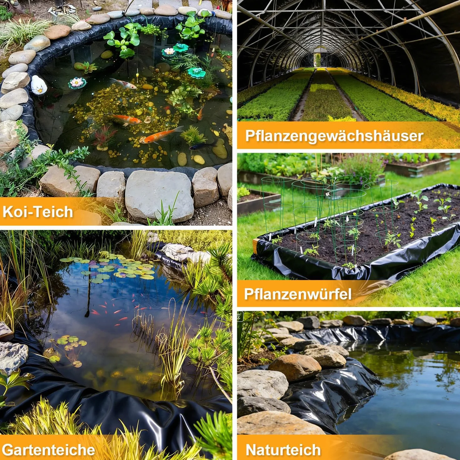 Bâche pour bassin - 3 x 4 m - Noir - 0,5 mm - PEHD - Haute résistance à la traction - Pour bassins à poissons, étangs de natation et projets de jardin