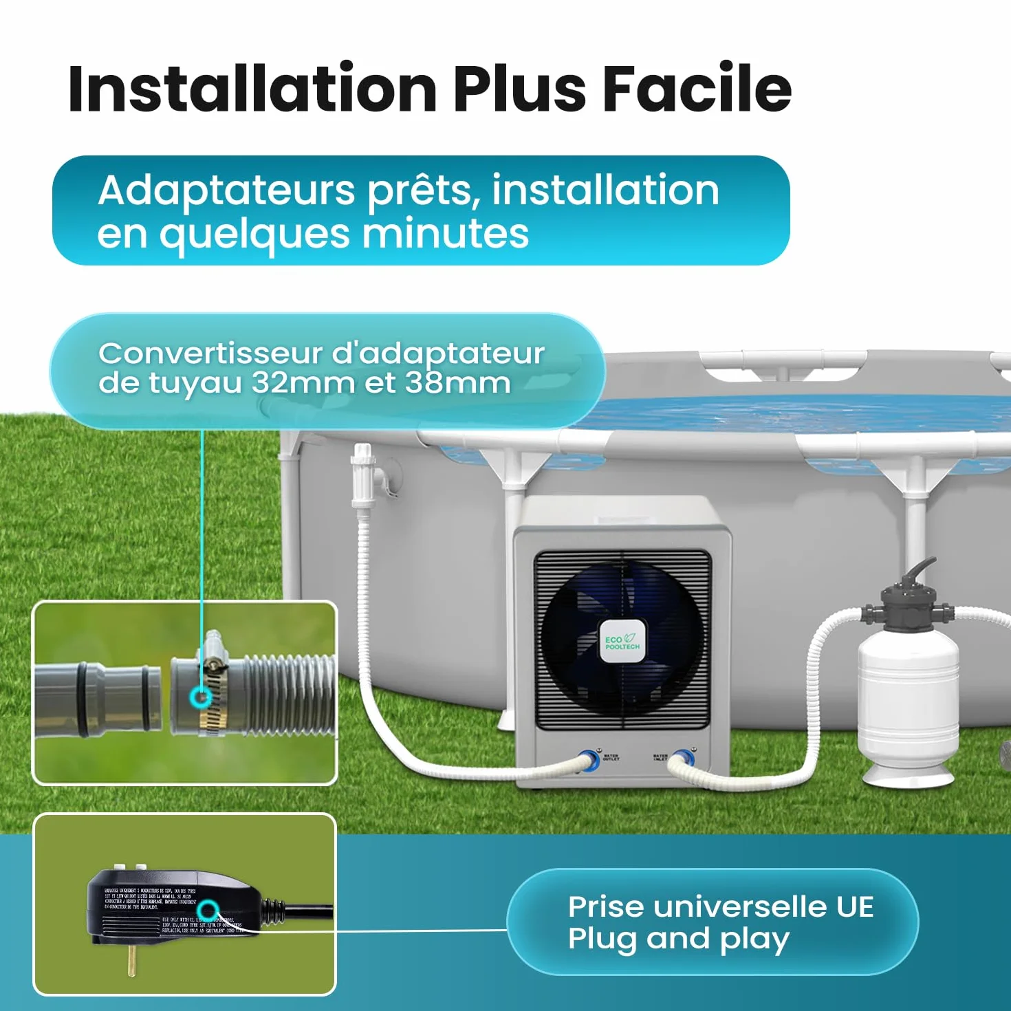 ECOPOOLTECH Bomba de calor Inverter 6 KW Hasta 50 m³ compresor Turbo X Ultra intercambiador de titanio Para Agua Salada Plug & Play