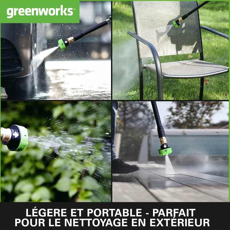 Greenworks Pistolet nettoyeur à pression sur batterie G24PWK4 (Li-Ion 24V, puissance moteur 300 Watt, pression 24 bar, débit 180 l/h, buse à 5 positions, tuyau de 6m,avec 4Ah batterie et chargeur)