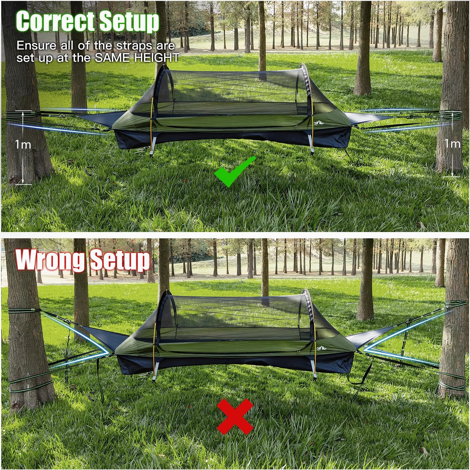 Night Cat Hamac Tente Fond Plat pour 1 Personne avec Moustiquaire Couverture Imperméable et Espace de Rangement Supplémentaire Randonnée Camping dans Jardin Arrière Cour Sauvage Vert Pro