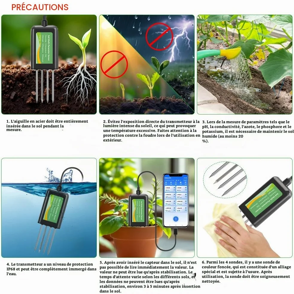 Testeur de sol USB 8 en 1, capteur de sol, testeur numérique des sols avec analyse du pH, de la température, de l'humidité et des nutriments NPK