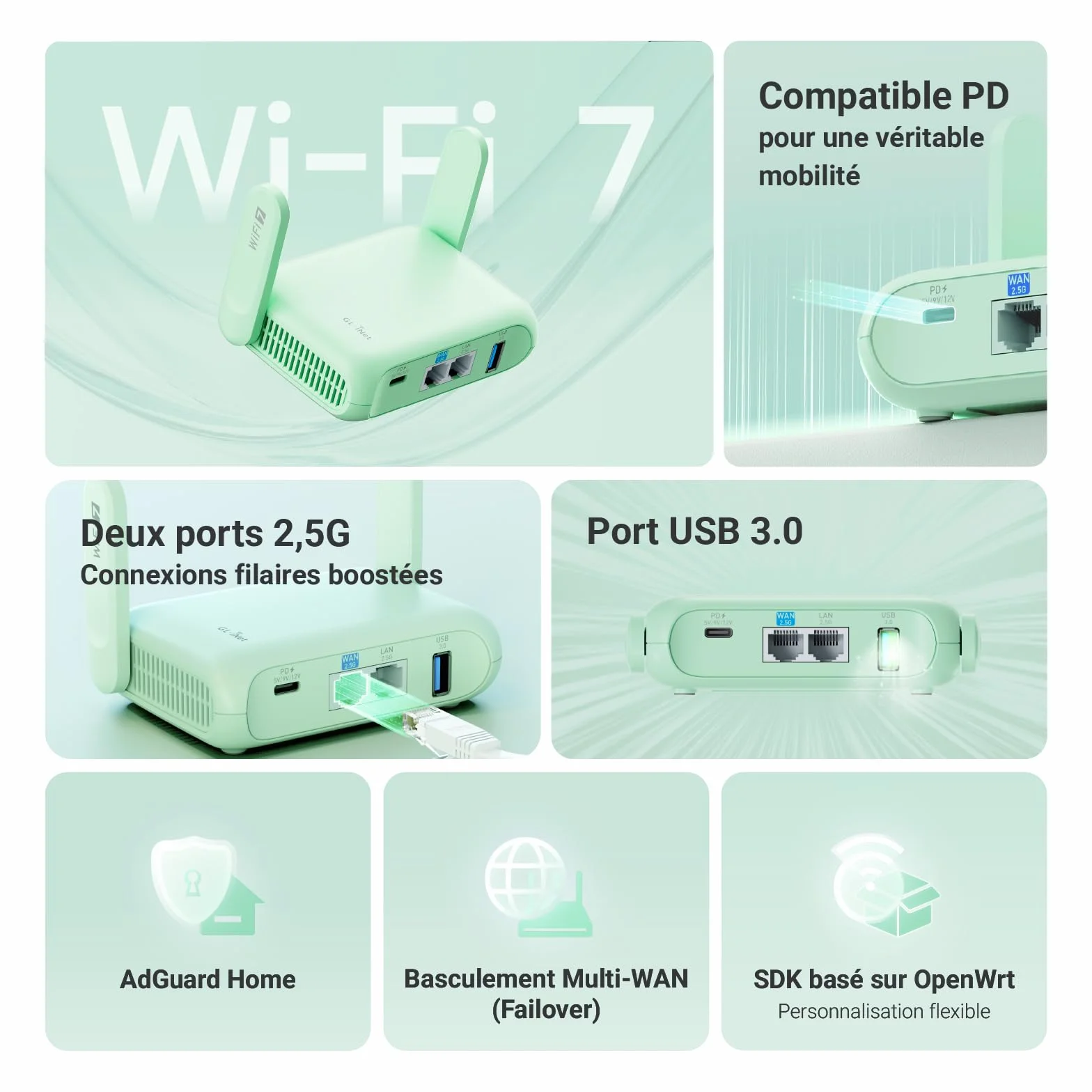 GL.iNet GL-MT3600BE Beryl 7 Routeur de Voyage Wi-Fi 7 Mini Routeur Portable Double Port 2.5G Gateway VPN Sécurisé WPA3 IPv6