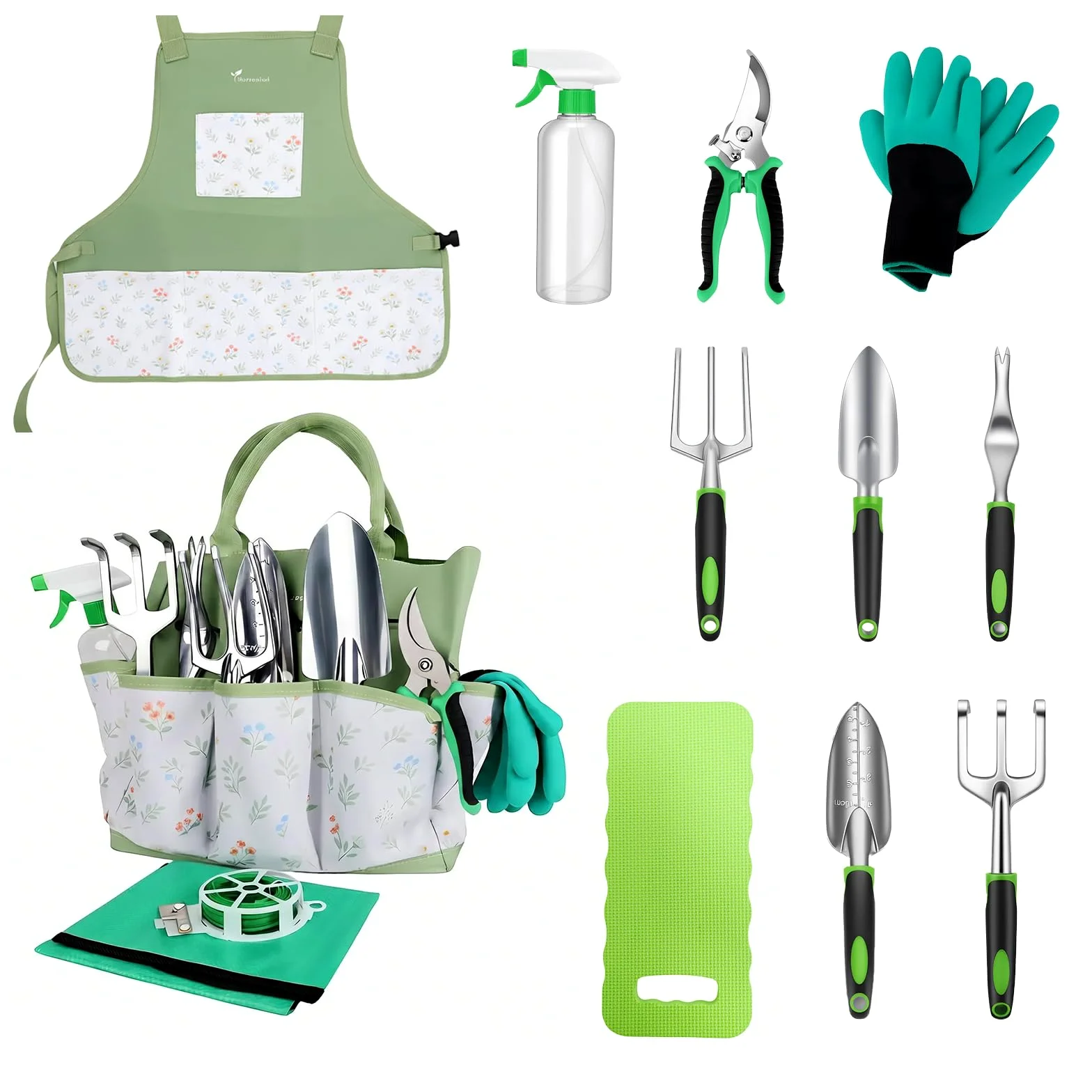 MORROWIND Ensemble D'outils de Jardinage de 13 Pièces avec Sac de Rangement Portable Élégant Et Tablier, Outils Robustes pour L'usage Quotidien du Jardinage Féminin, Vert
