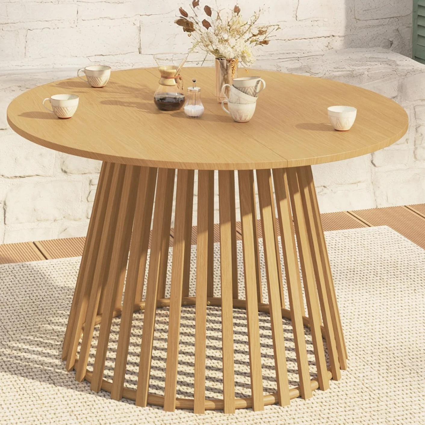 Table de Jardin Ronde SOLAL 120 cm 6 Personnes Pied Lattes Métal Effet Bois