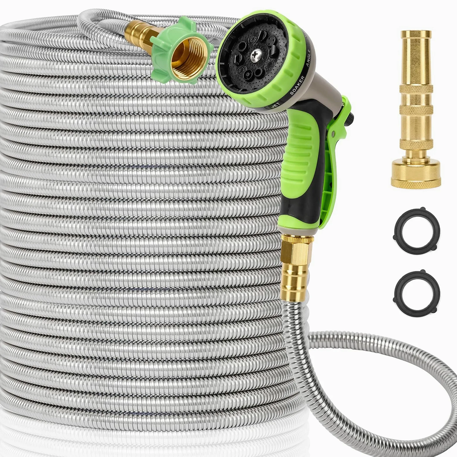 Tuyau d'arrosage en métal de 30,5 m, tuyau d'arrosage robuste en acier inoxydable avec buse à 10 fonctions et buse en laiton, robuste et léger, ne s'emmêle pas, facile à utiliser et à ranger, convient
