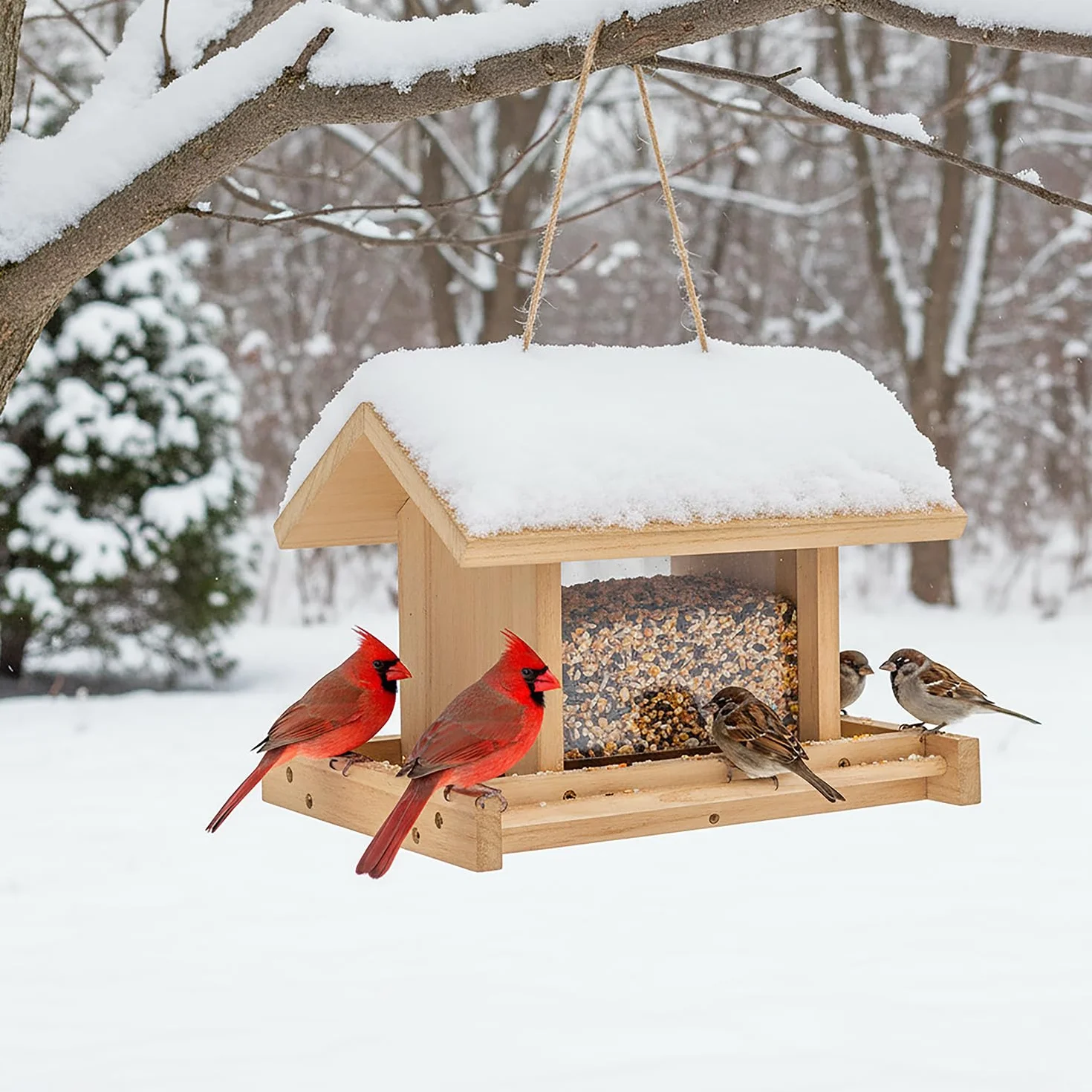 Mangeoire à Oiseaux en Bois Suspendue Grande Capacité pour Jardin Oiseaux Sauvages