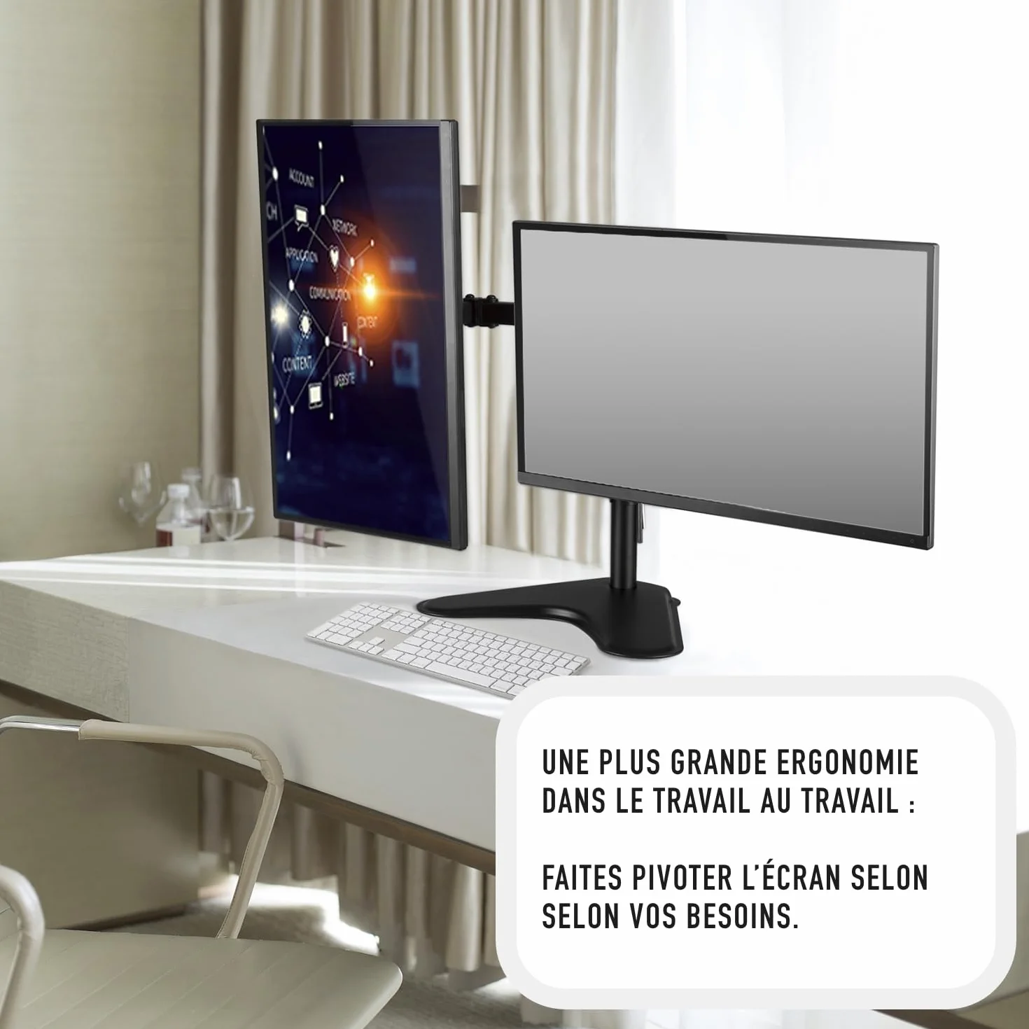 Support Écran PC pour Deux Moniteurs 13-32 Pouces, VESA 75/100 mm, Inclinaison ±45°, Pivotement 360°, jusqu'à 8 kg
