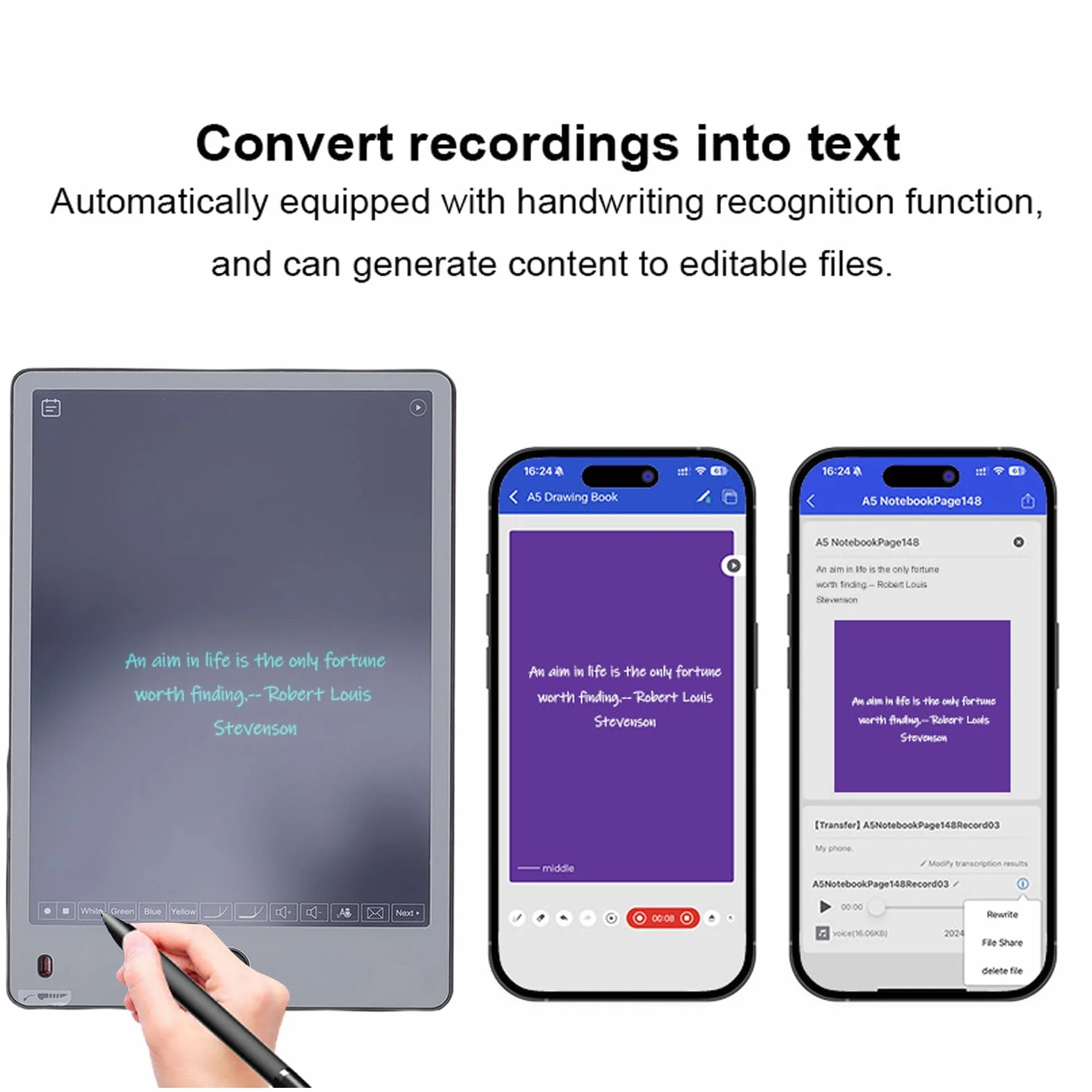 Ensemble D'écriture à Stylet Intelligent avec Bloc-Notes Numérique, Tablette de Synchronisation AI pour la Prise de Notes, Conversion OCR, Enregistrement