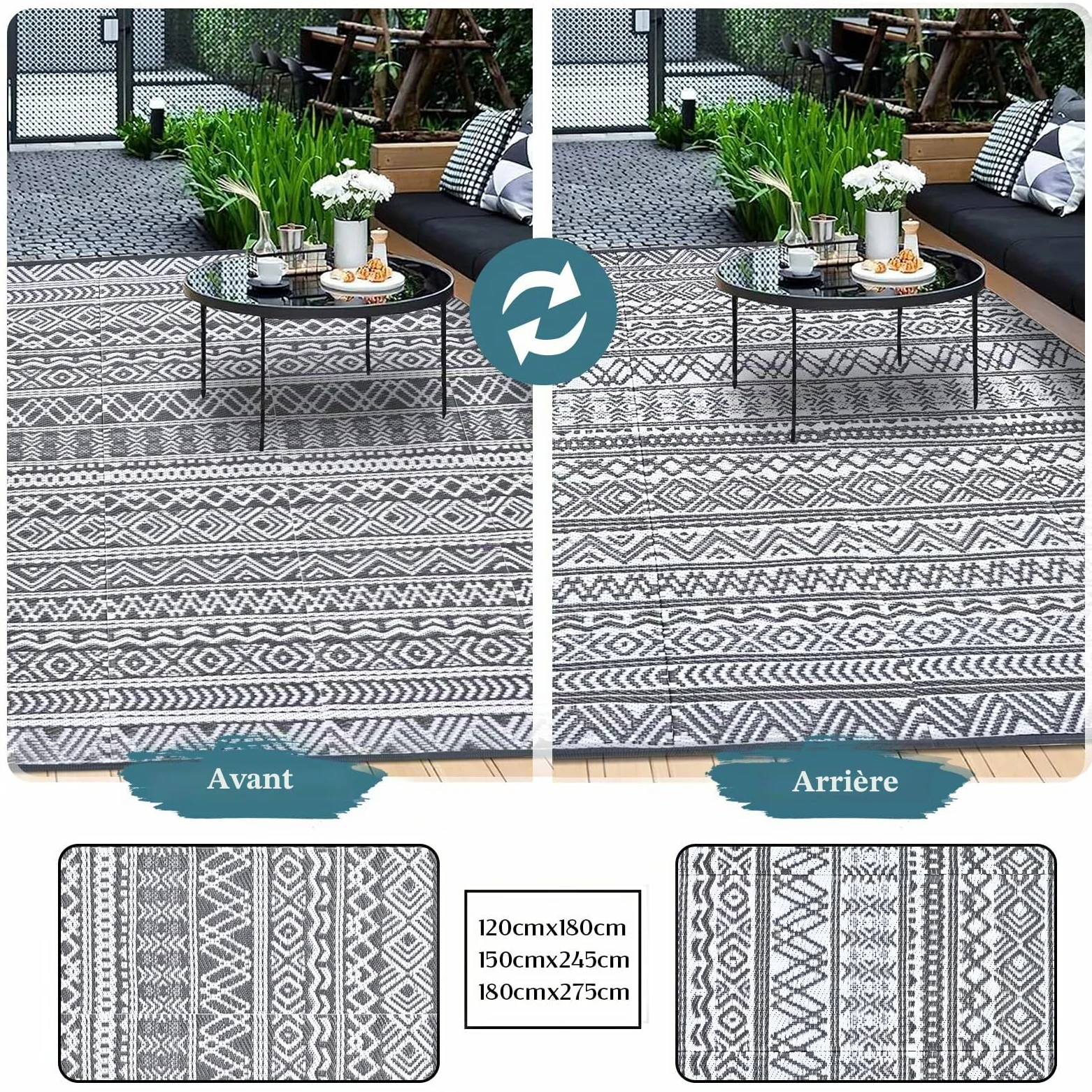 Alishomtll Tapis d'extérieur résistant aux intempéries, 180 x 275 cm, en plastique imperméable, pour terrasse, jardin, balcon, réversible, résistant aux UV, tapis extérieur, camping, pour barbecue