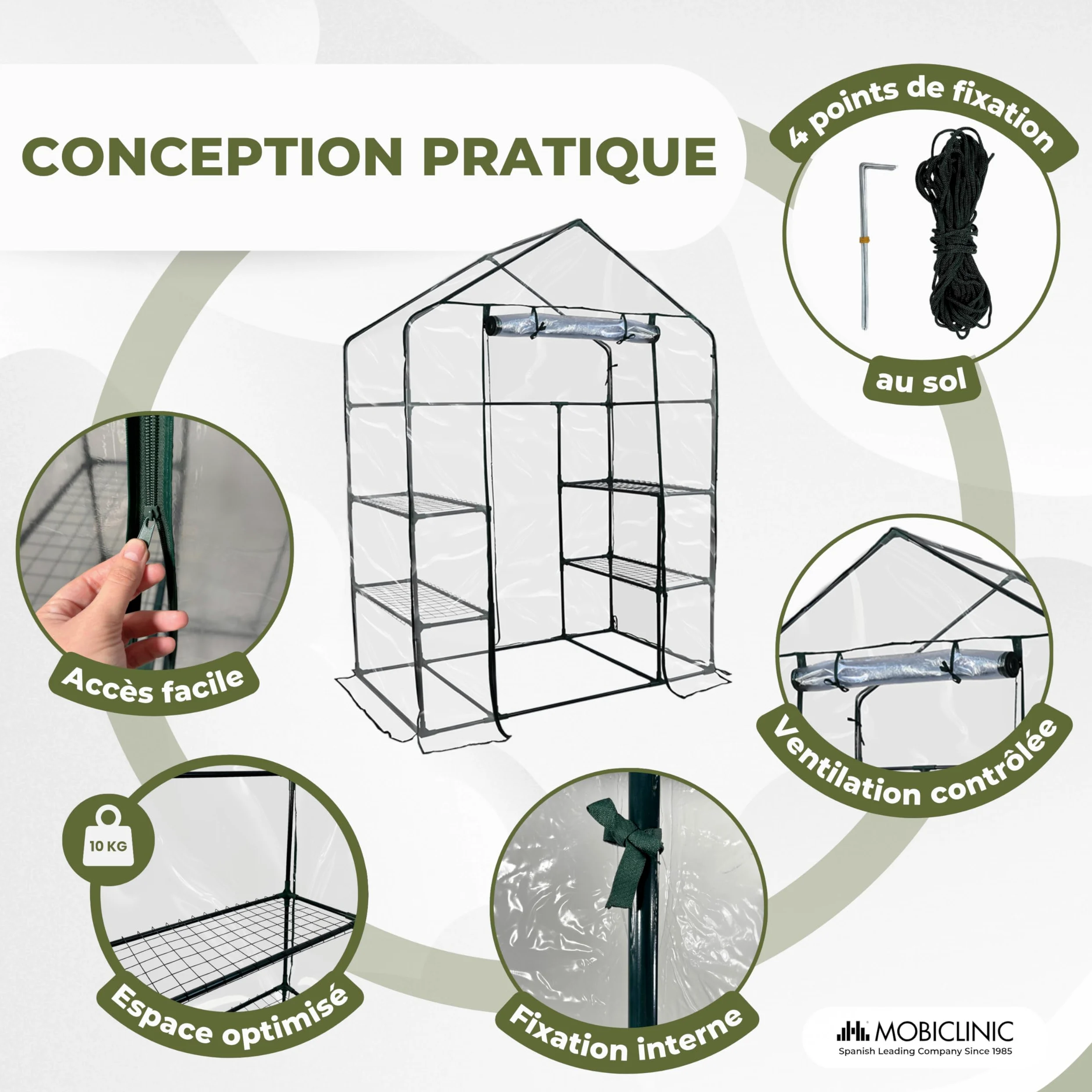 Mobiclinic®, Serre de Jardin, 143 x 73 x 195cm, Couverture en PVC et Porte Enroulable, 4 Étagères, Étanche, Home Grow, Pépinière Maison, Fixation Sécurisée, Idéal pour la Culture, Rustique
