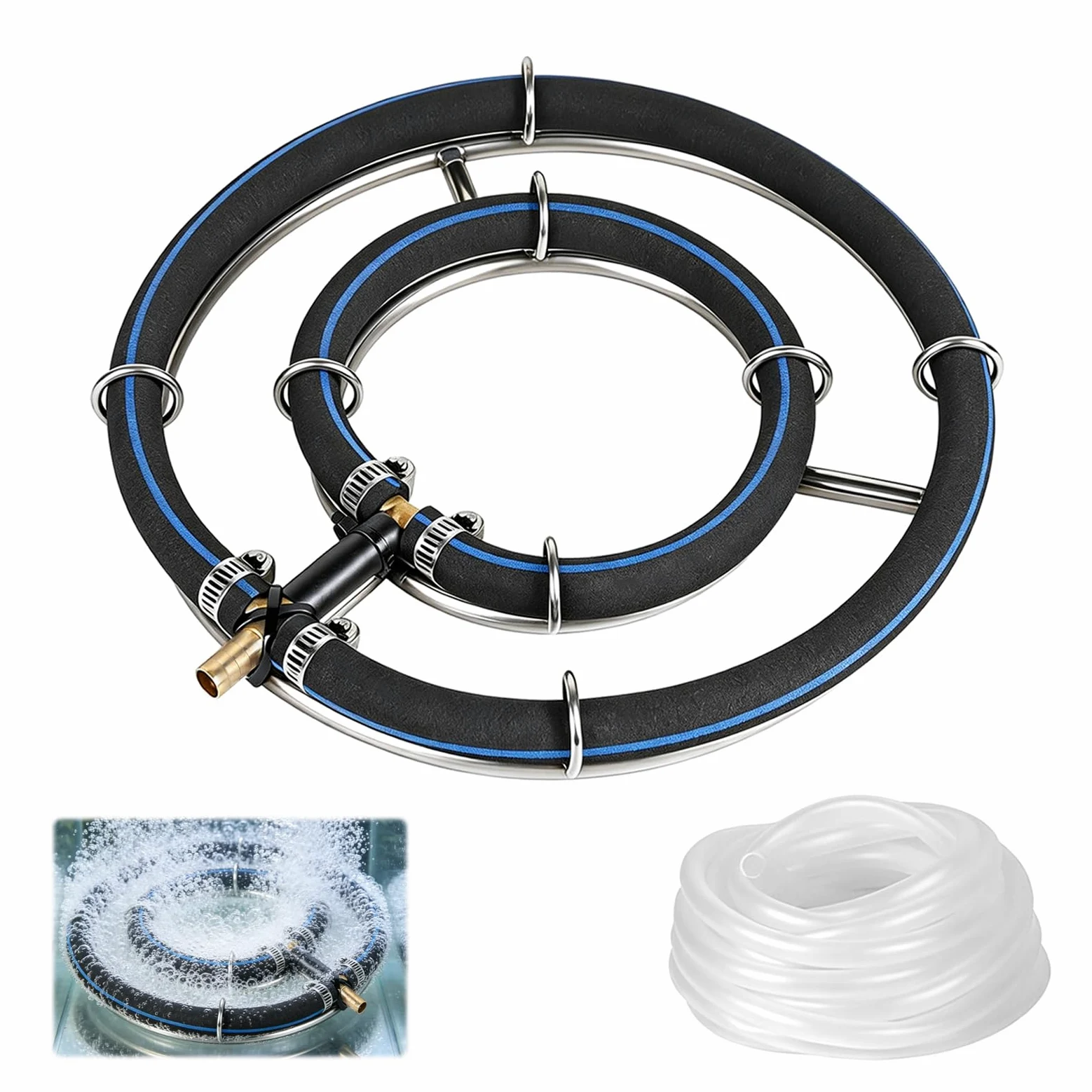 Aérateur De Bassin, Anneau D'aération De 25cm pour Bassins Double Cadre en Acier Inoxydable Diffuseur D'oxygène pour Bassin à Poissons avec Tuyau d'air De 5M Tube De 8mm De Diamètre