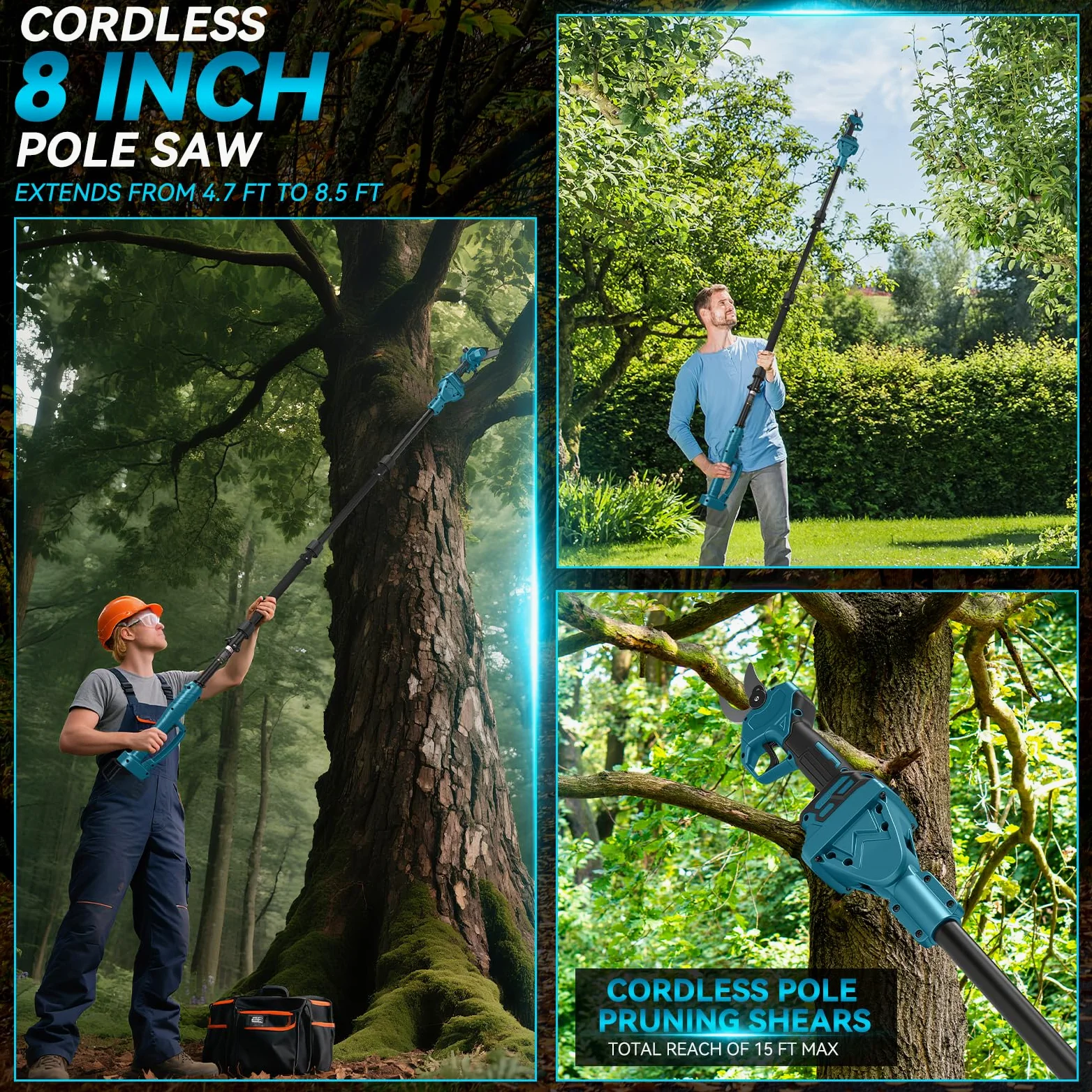 Scie à chaîne miniature de 8 pouces avec perche télescopique & élagueuse électrique 28 mm, set de jardin 4-en-1 compatible avec batterie Makita, portée maximale jusqu'à 4m (batterie non incluse)