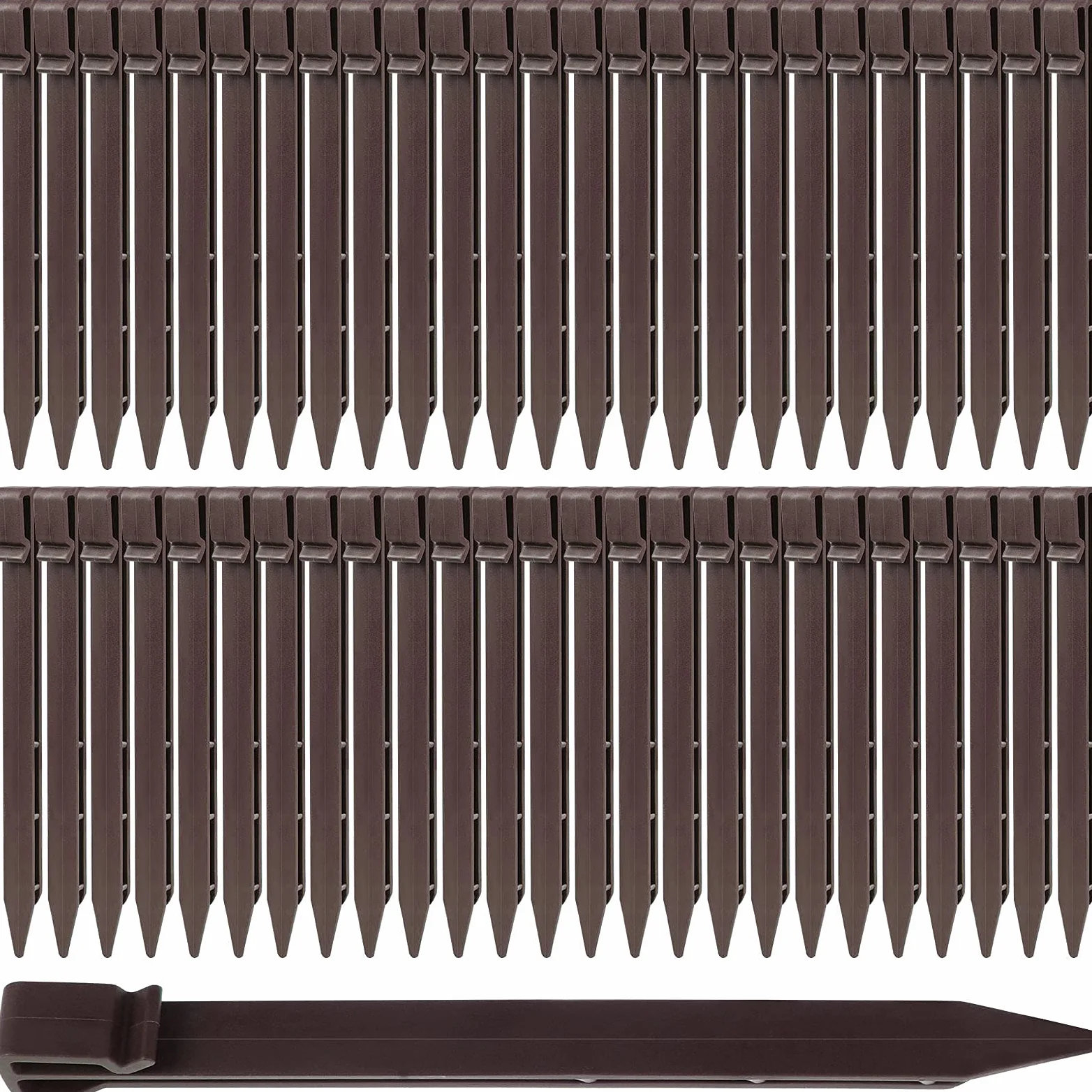Lot de 50 piquets de sol en plastique de 24.6 cm pour bordures de paysage, planches de terrasse et pelouse de jardin, piquets robustes pour sable et bois de plage (marron)
