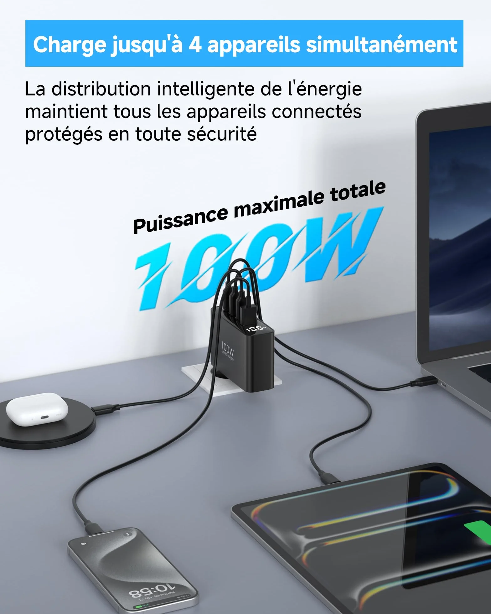 Chargeur USB C 100W GaN 4 Ports Rapide Multiport Noir Compatible iPhone 16 15 Pro Max MacBook Air Pro iPad Air Galaxy S25 S24