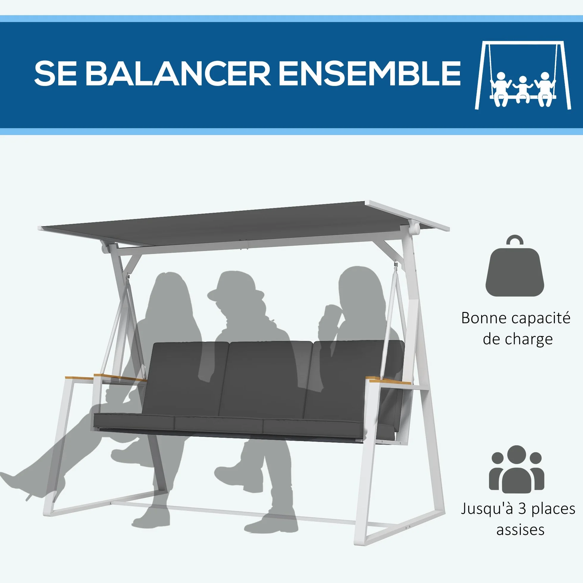 Outsunny Balancelle de Jardin 3 Places Toit Inclinaison réglable Matelas 205x130x175 cm Cadre Acier Gris