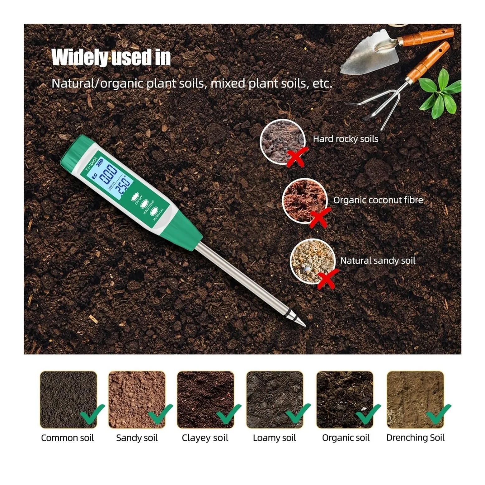 YY-1066A Testeur de conductivité et teneur en Eau du Sol Haute précision for Les Tests Plantes, Le jardina, l'agriculture, pH l'humidité Jardinage, Agriculture