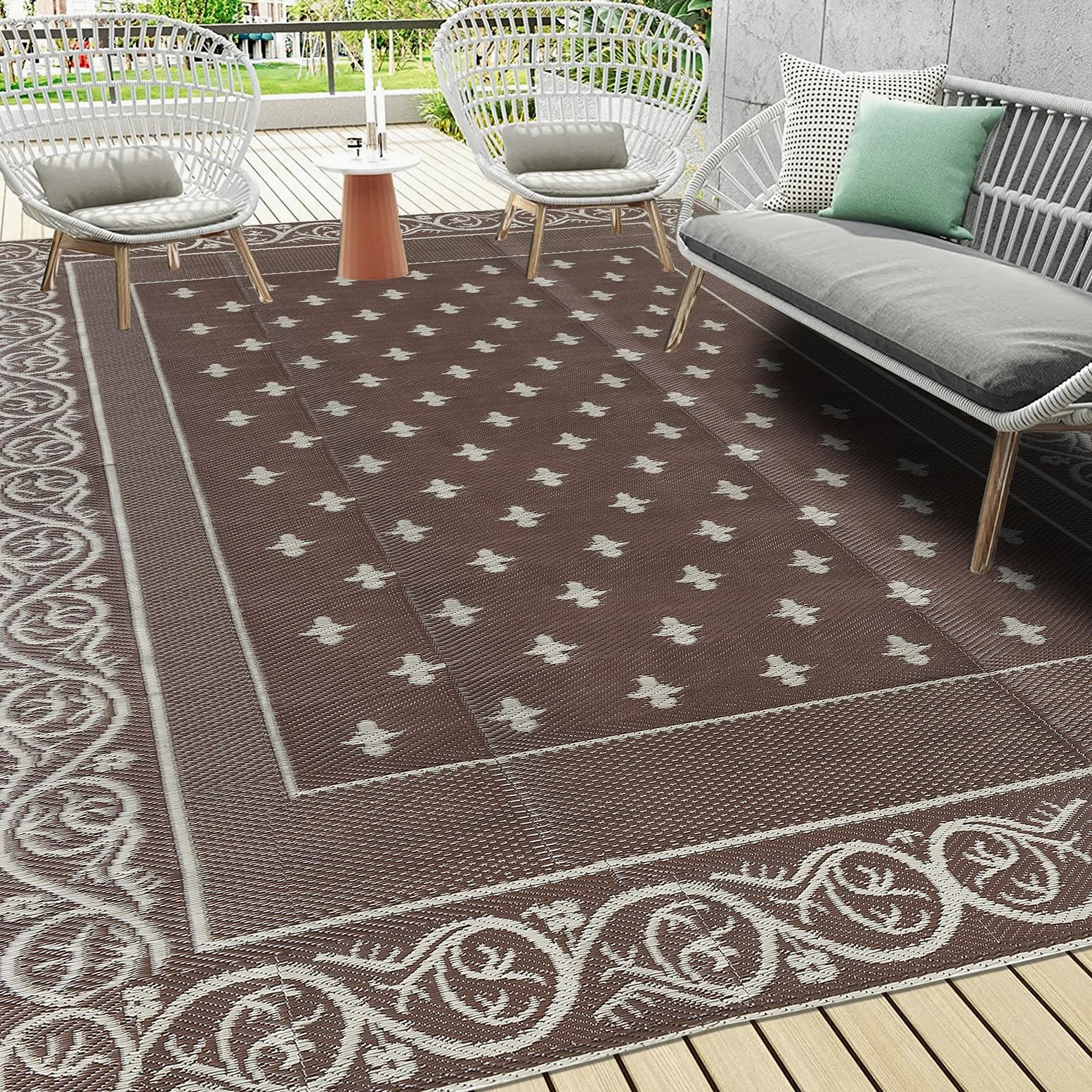 Pauwer Grand tapis de sol réversible en plastique imperméable de 2,7 x 3,6 m, pour extérieur, camping-car, jardin, terrasse, jardin, terrasse, pique-nique, plage, remorque, camping - Marron