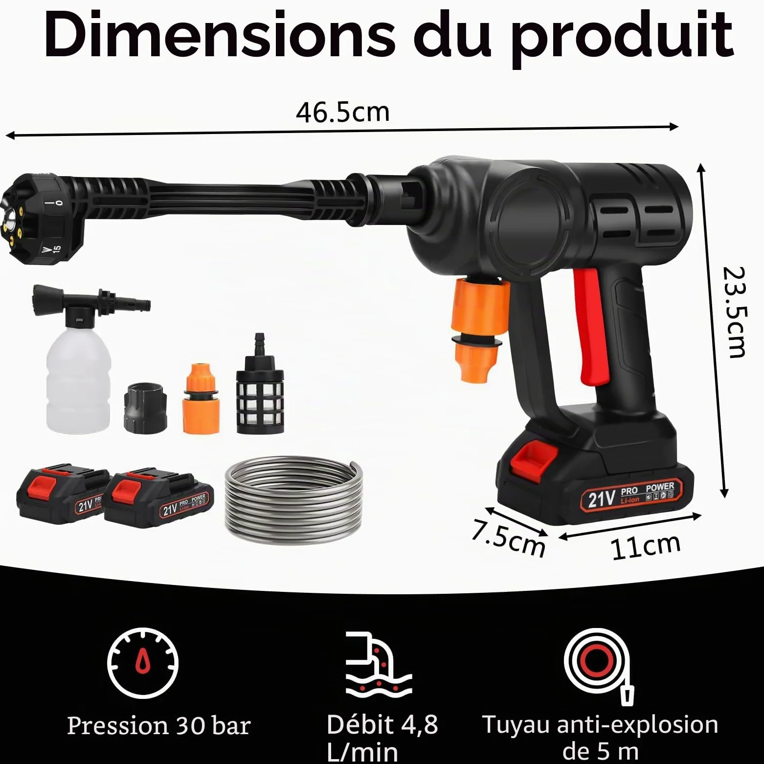 Nettoyeur haute pression sans fil portable, 30 bar, buse réglable 5 en 1, rotatif 180°, 24 V, pour voiture et piscine (deux batteries)