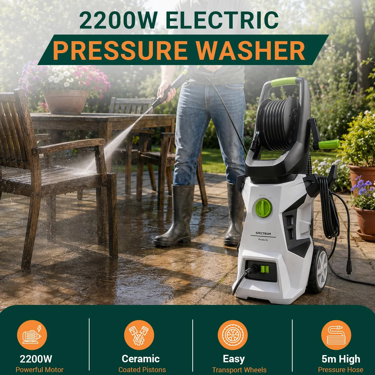 Spectrum LPW2200 Nettoyeur haute pression électrique, 2200 W, 170 bar, 9 kg, tuyau de 5 m