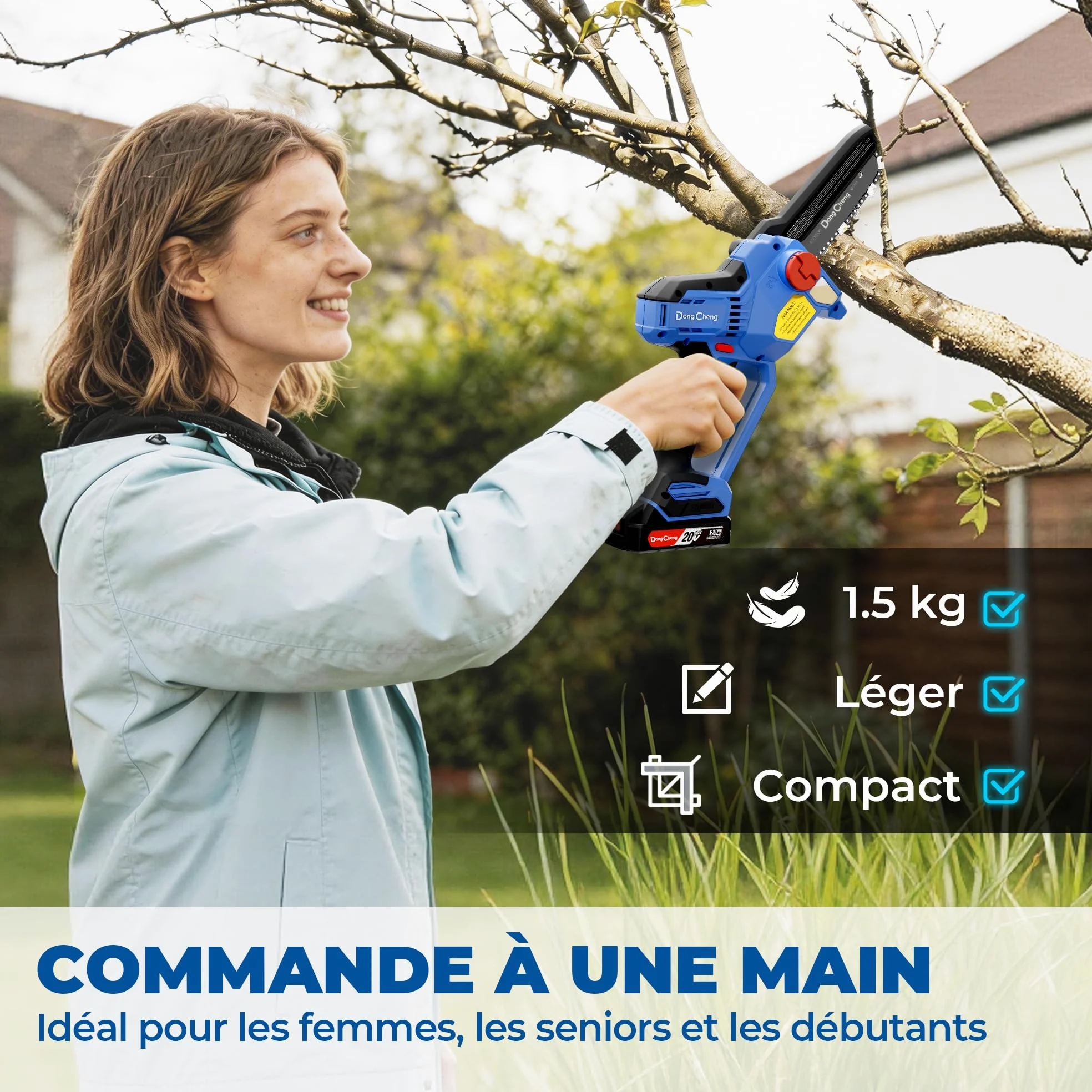 DongCheng mini tronconneuse a batterie 20V, brushless 750W, 2×2000mAh, 8m/s | Jusqu'à 270 coupes dans bois 50×50mm, 1,2kg scie légère à une main, tension de chaîne sans outil, graissage auto, guide 15cm