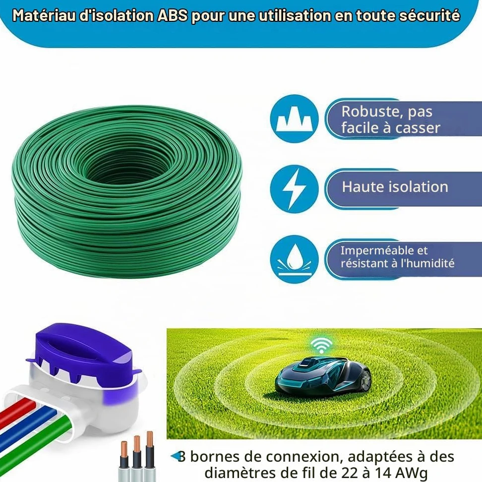 Cable Peripherique Robot Tondeuse 300m,Fil Robot Tondeuse,Universelles Cable Tondeuse+120 Piquets+50Connecteurs de Câble+50Bornes de Connexion,Tondeuse Gazon Fil Périphérique,Accessoires pour tondeuse