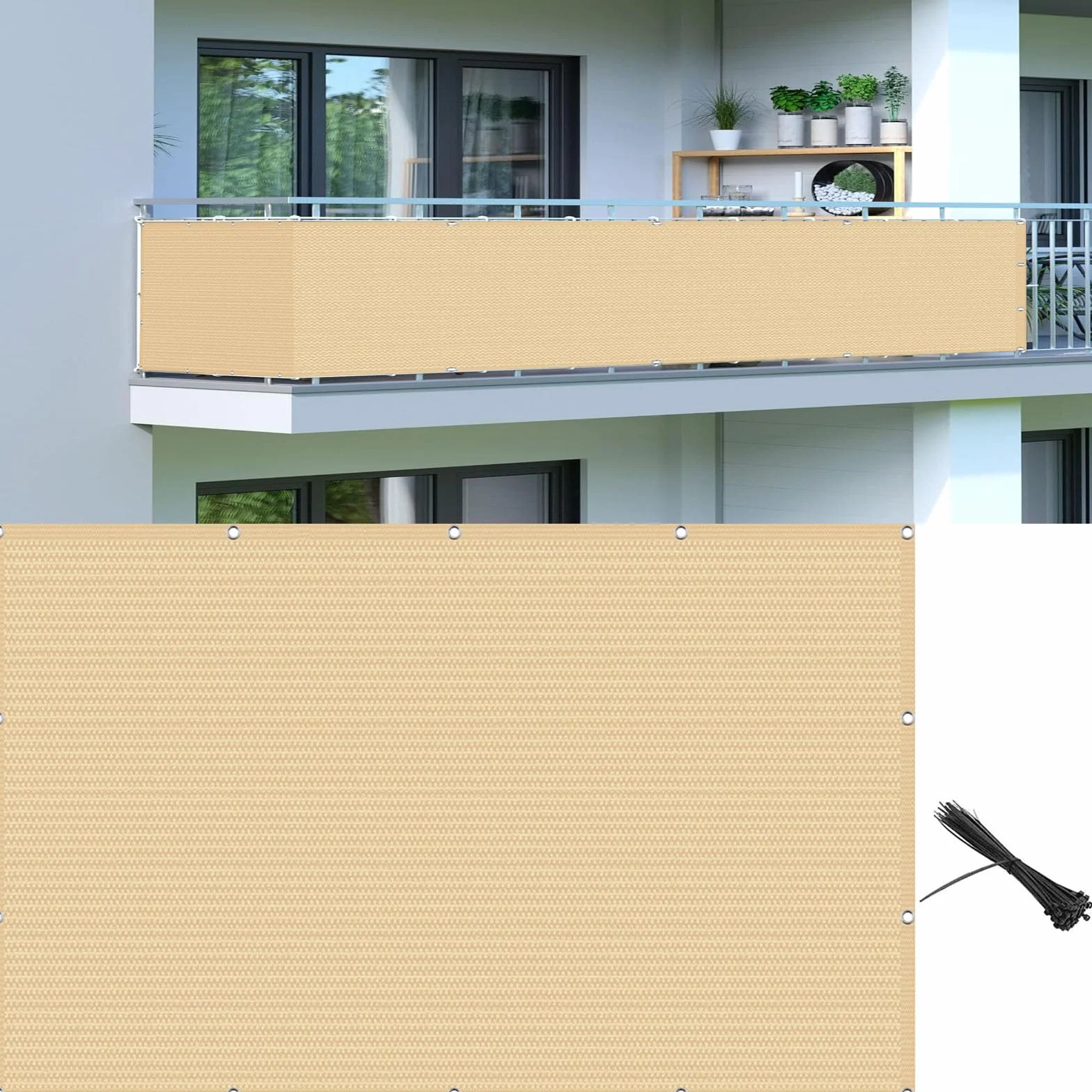 Brise-Vue Balcon 85 x 430 cm Résistant UV Déchirures Vent Pare-Soleil avec Oeillets Jaune Sable