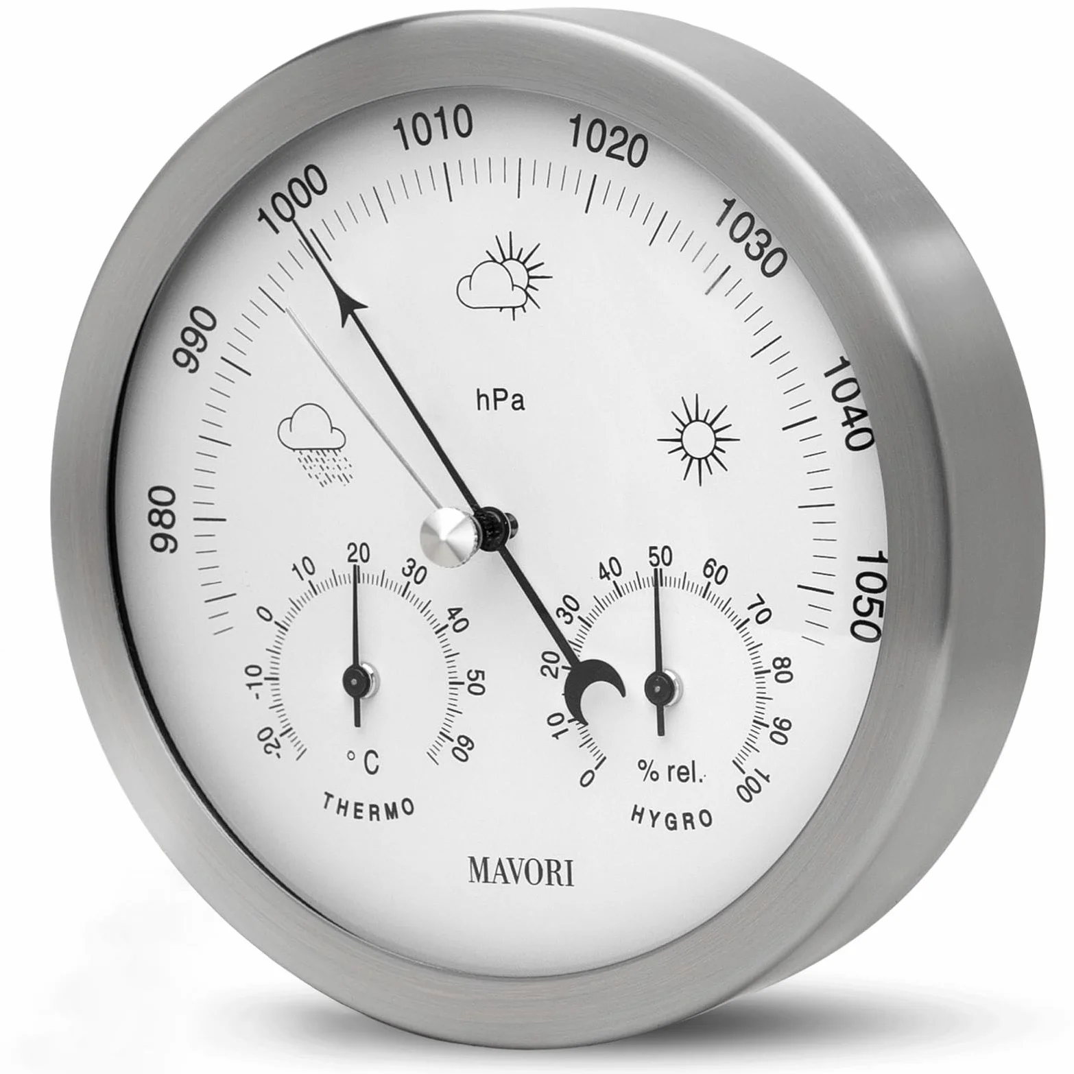 Station météo analogique - 3en1 baromètre, thermomètre & hygromètre pour intérieur et extérieur - Ø 13,5cm cadre en acier inoxydable avec verre acrylique au design moderne