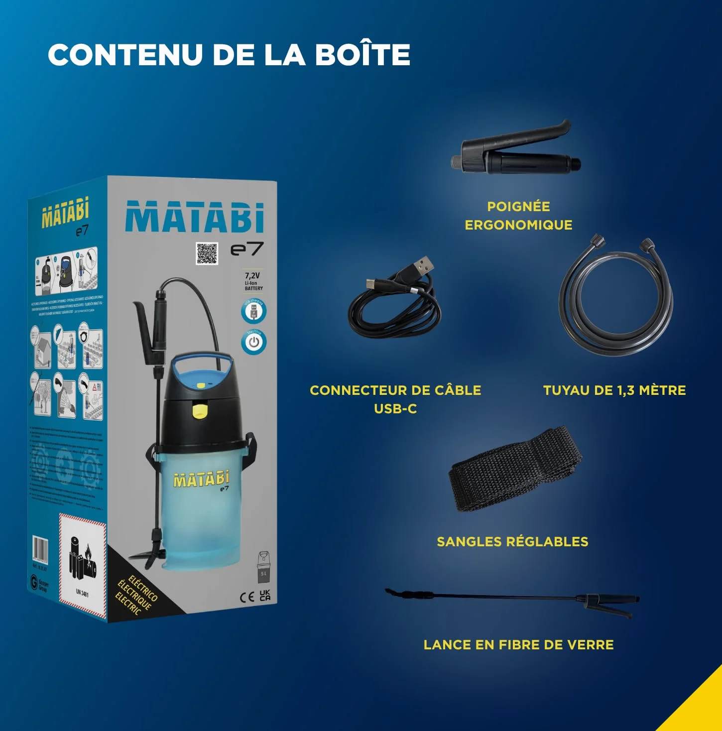 Matabi E7 - Pulvérisateur Électrique 5 L - Start/Stop USB-C - Autonomie 50L | Pulverisateur de Jardin avec Batterie, Tuyau 1,3 m, buse conique réglable, voyant LED, lance 36 cm, pour jardin et potager