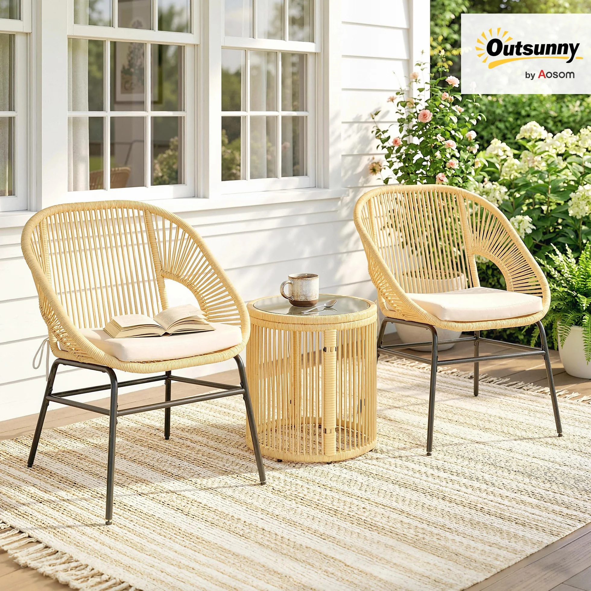 Outsunny Ensemble Bistro 3 Pièces Résine Tressée Salon Balcon 2 Fauteuils Table Verre Trempé Beige