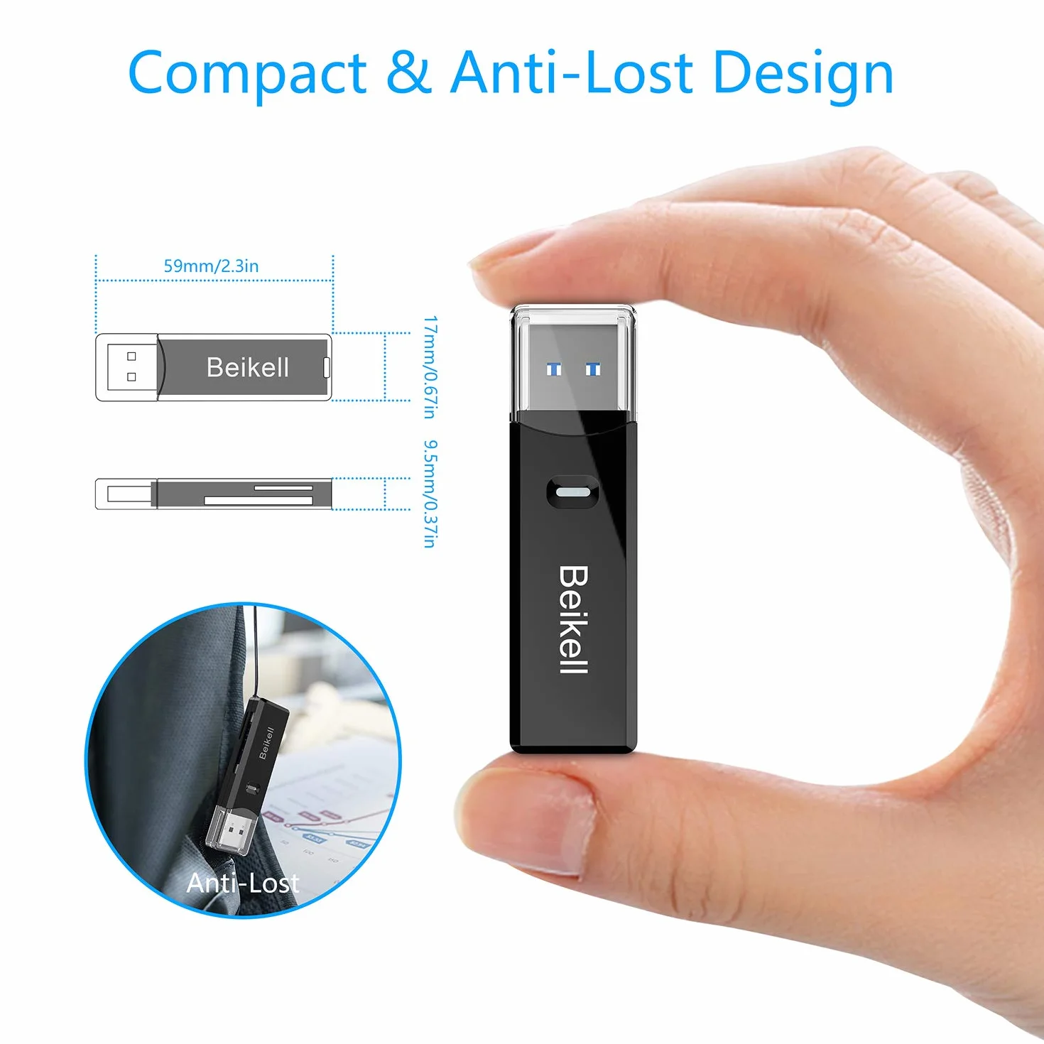 Beikell Lecteur de Carte USB 3.0, Lecteur de Carte Mémoire SD/Micro SD Haute Vitesse Noir