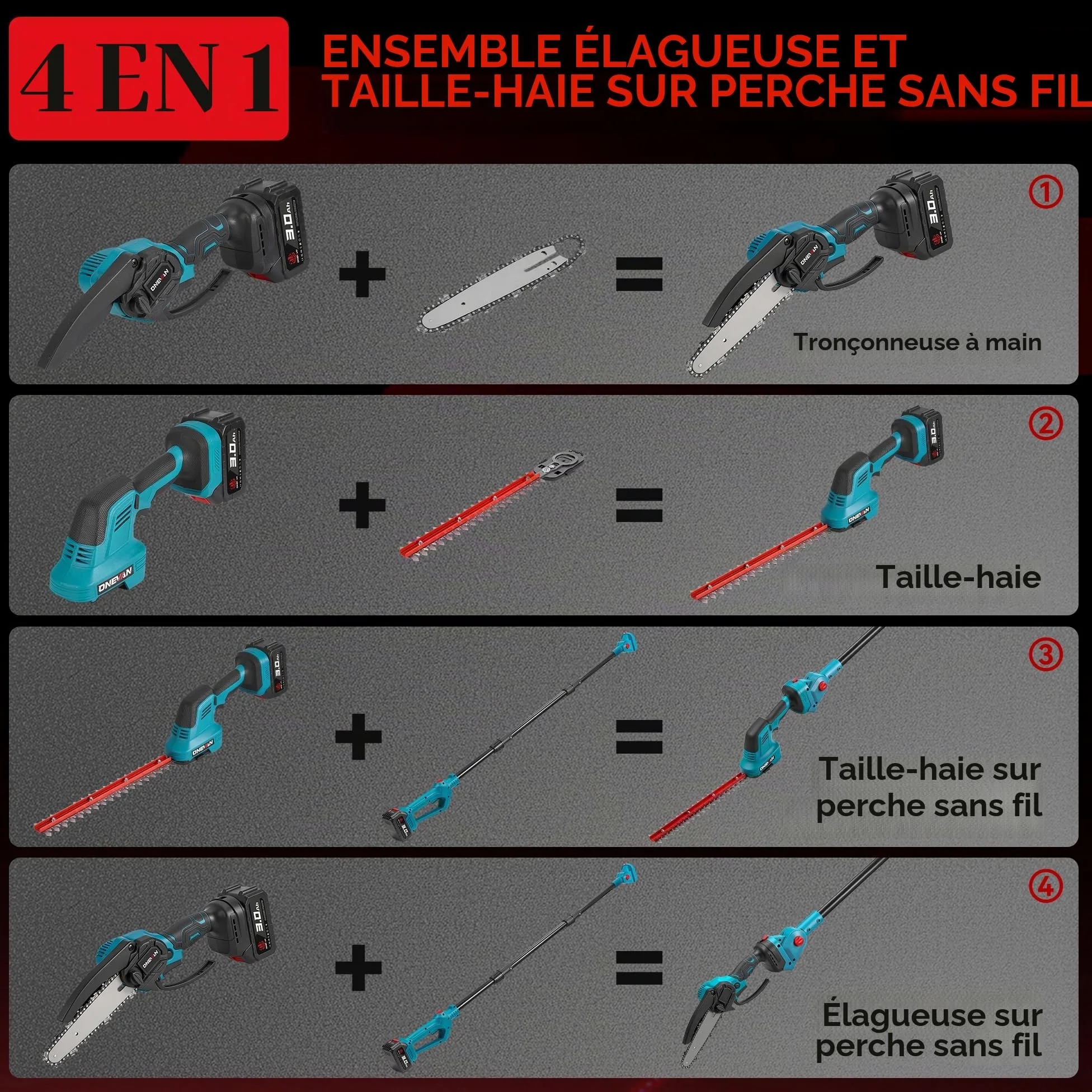 ONEVAN Taille-haie Télescopique & Tronconneuse Sans Fil, Orientable 180° | 2 batteries 3,0Ah, perche télescopique 2,25m, tronçonneuse de 6" et taille-haie 30cm, brushless, pour l'élagage en hauteur