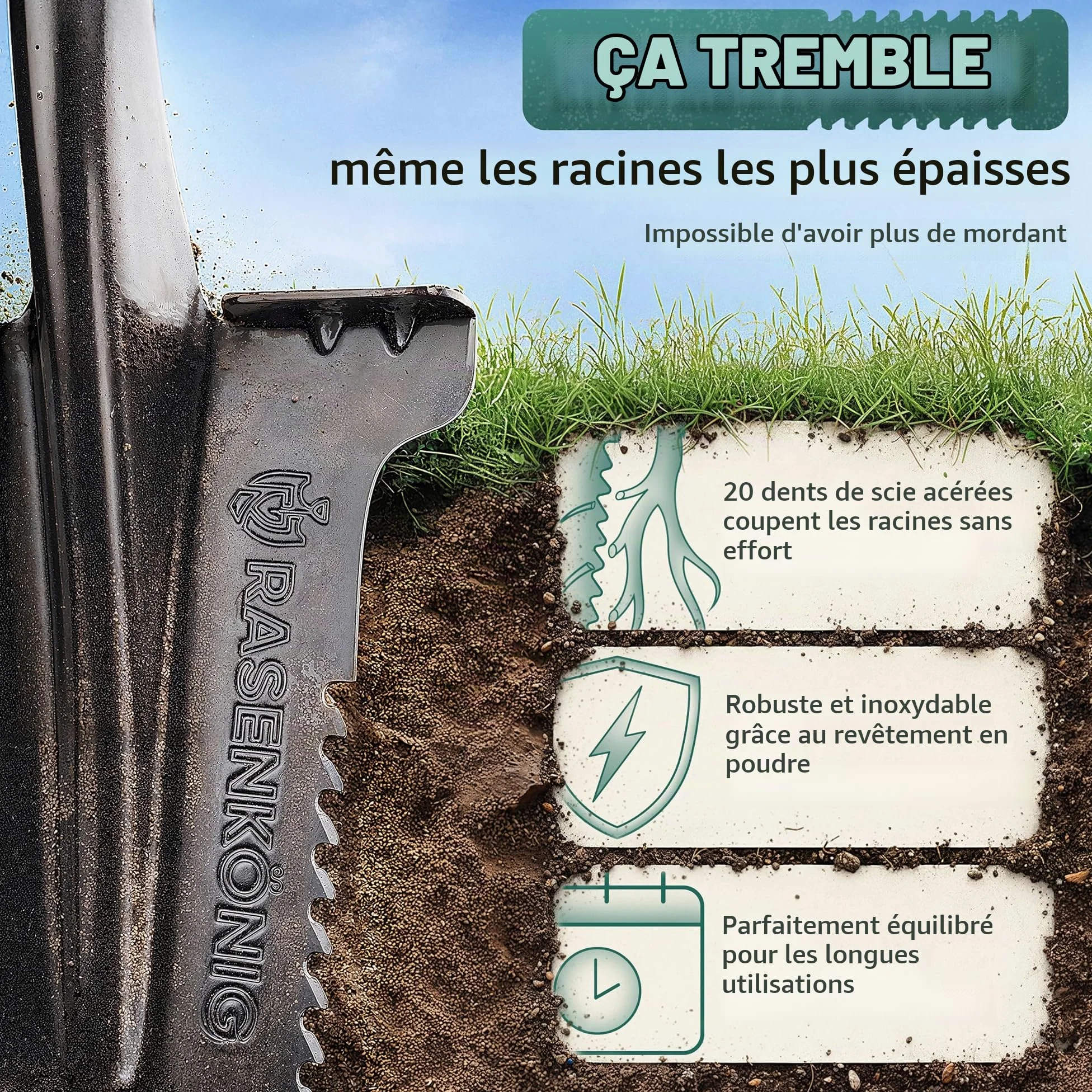 Bêche Pro avec scie à racines [vainqueur du test] Bêche pour le jardinage | avec 20 dents de scie, poignée ergonomique et large bord de marche | Bêche de jardin stable pour creuser plus