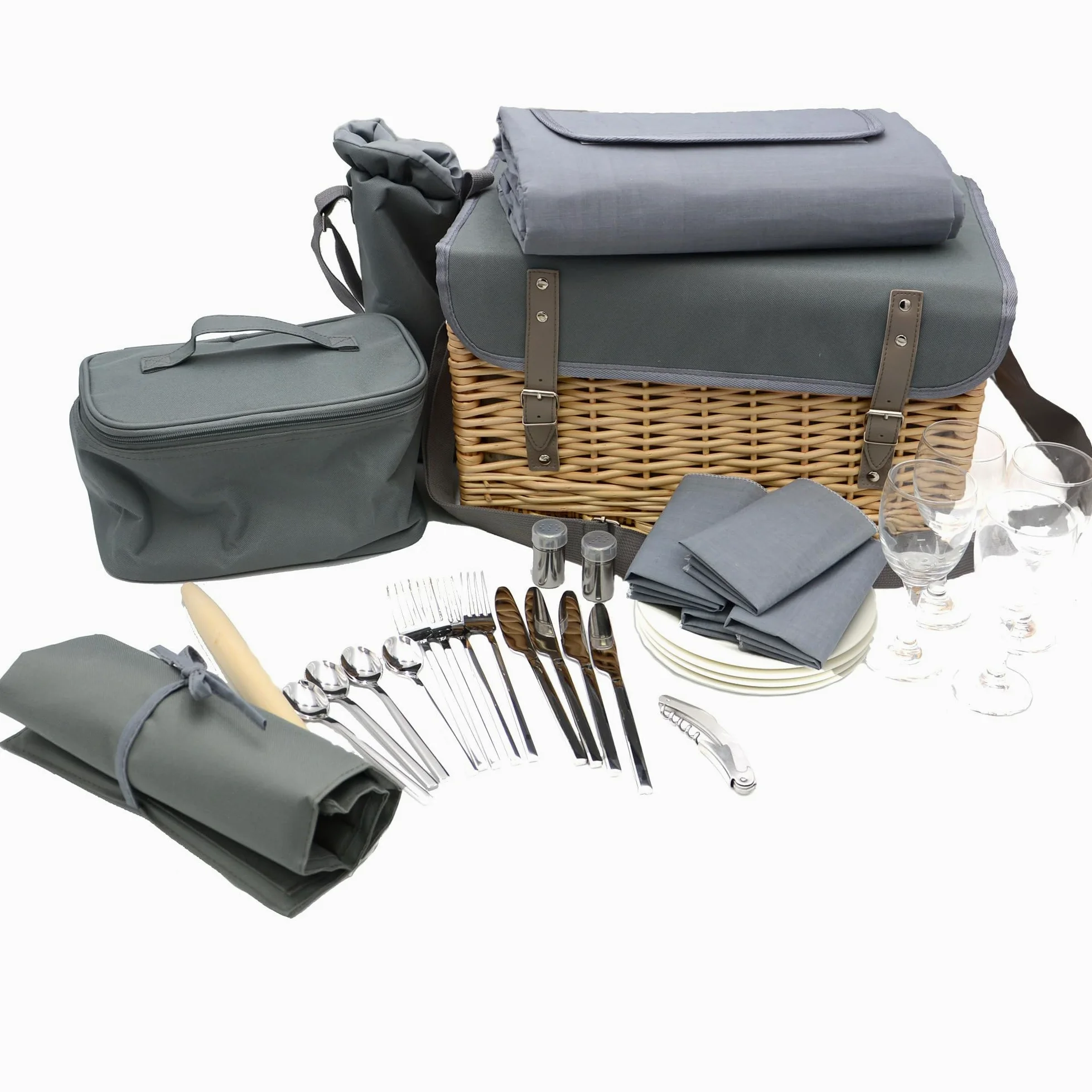 UNUS Panier de pique-nique complet pour 4 personnes 33 pièces avec table de service, couverture de pique-nique et vaisselle
