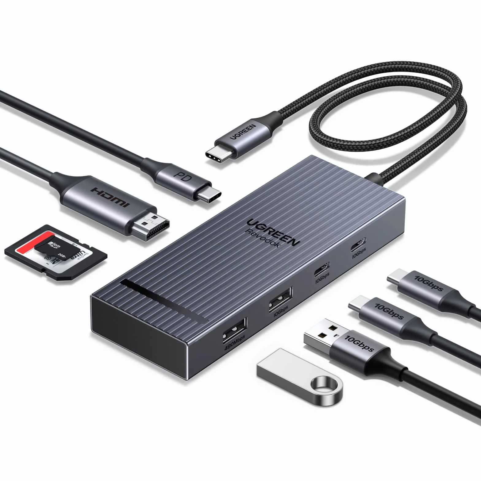 UGREEN Revodok Pro 108 10Gbps Hub USB C HDMI 4K 60Hz Lecteur de Carte SD TF PD 100W Adaptateur Multiport USB3.2 8 en 1 Dock USB C