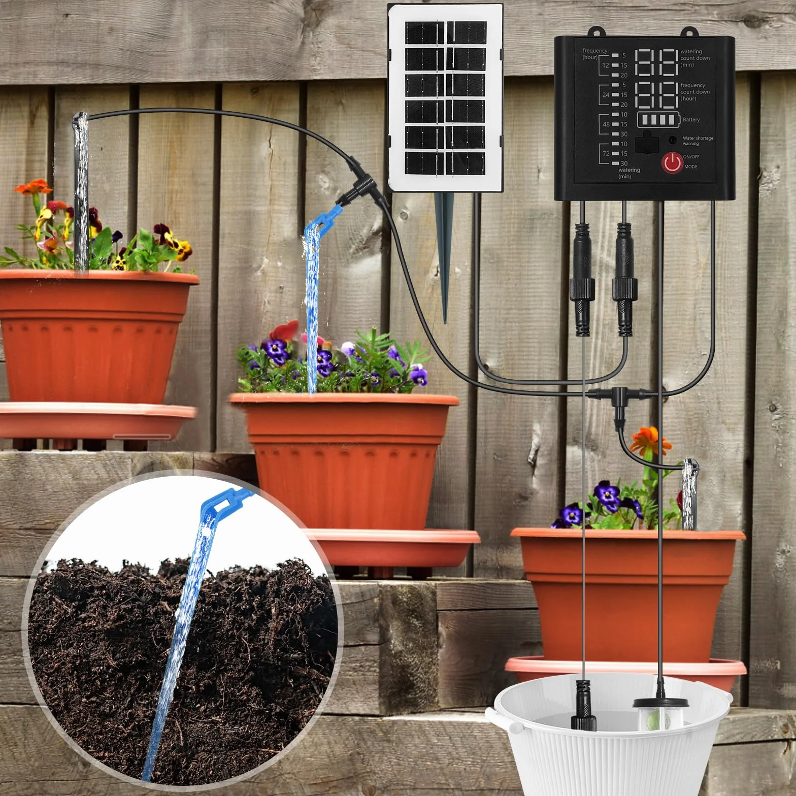 Système d'irrigation solaire, arrosage automatique, système d'irrigation goutte à goutte avec 12 modes de minuterie, capteur d'eau, tuyau de 15 m pour jardin, balcon, plantes, plantes en pot, vacances