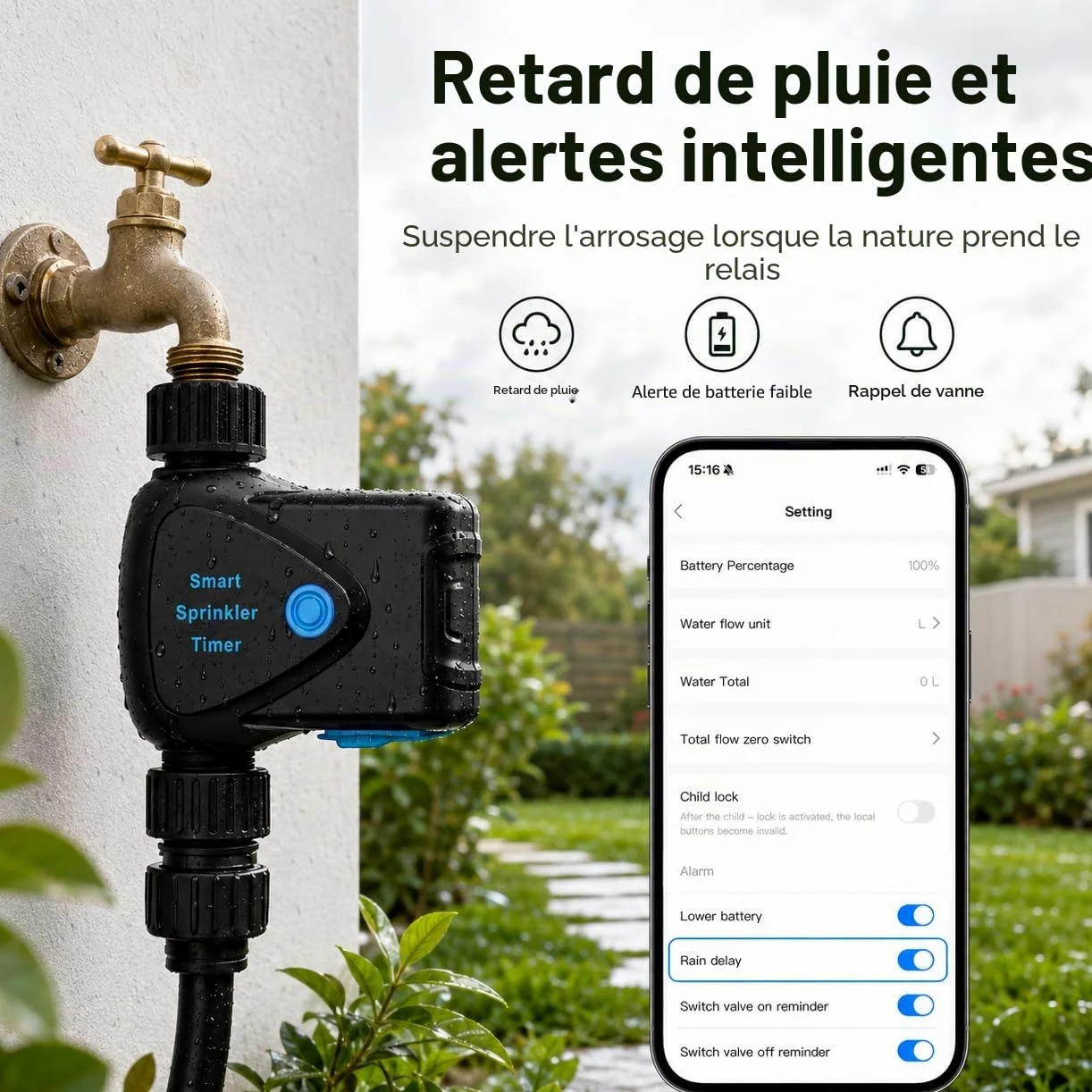 Programmateur d'Arrosage WiFi avec Compteur d'eau Intégré, Minuterie d'Arrosage Connectée sans Hub, Contrôle par App 2,4 GHz, Arrosage par Volume, Programmation, IP65 pour Jardin Pelouse Serre