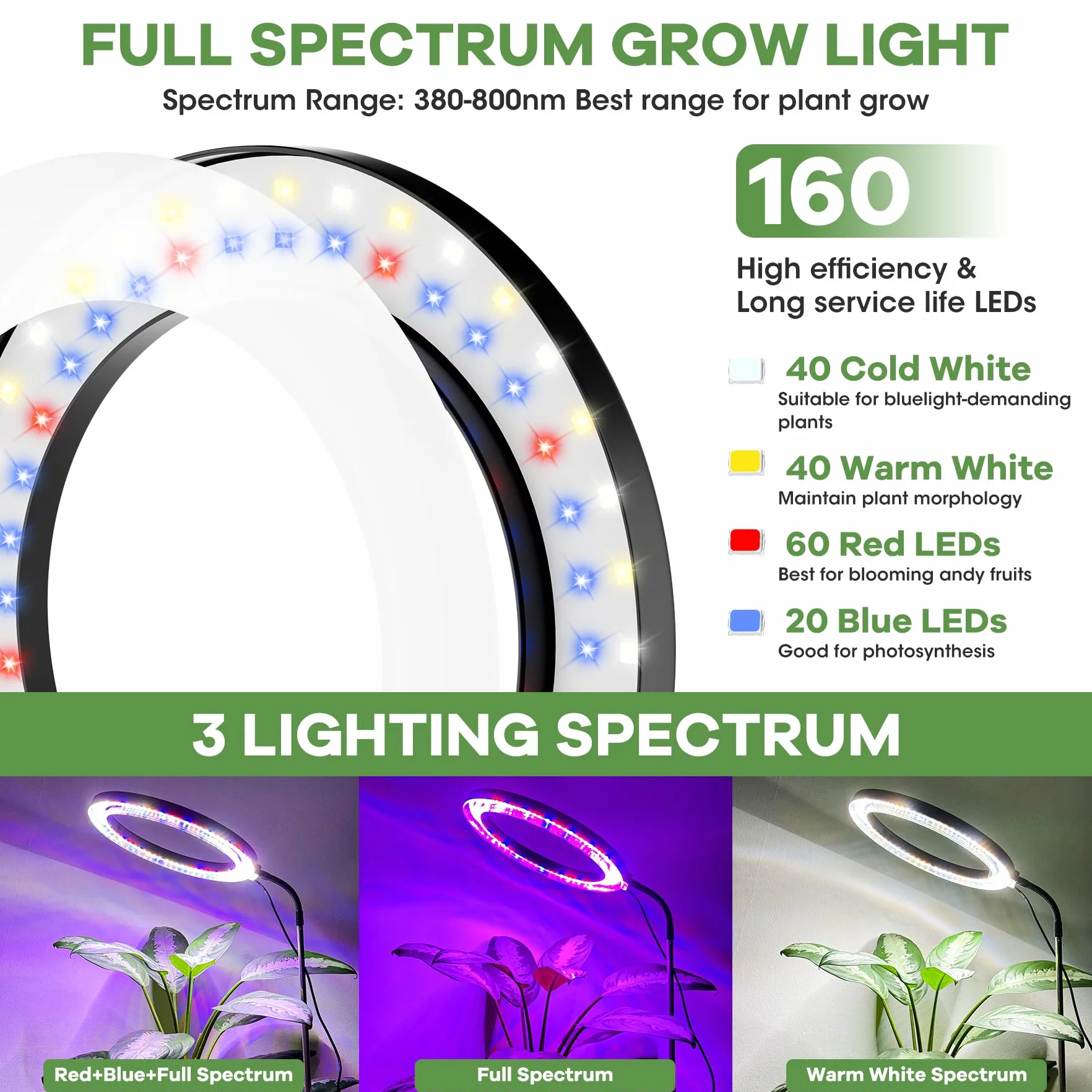 Lampe pour plantes à spectre complet 160 LED 5V4A, Grow Light avec tuyau flexible 360°, prise européenne, minuterie 3/9/12H, tige télescopique 11.8-59 pouces