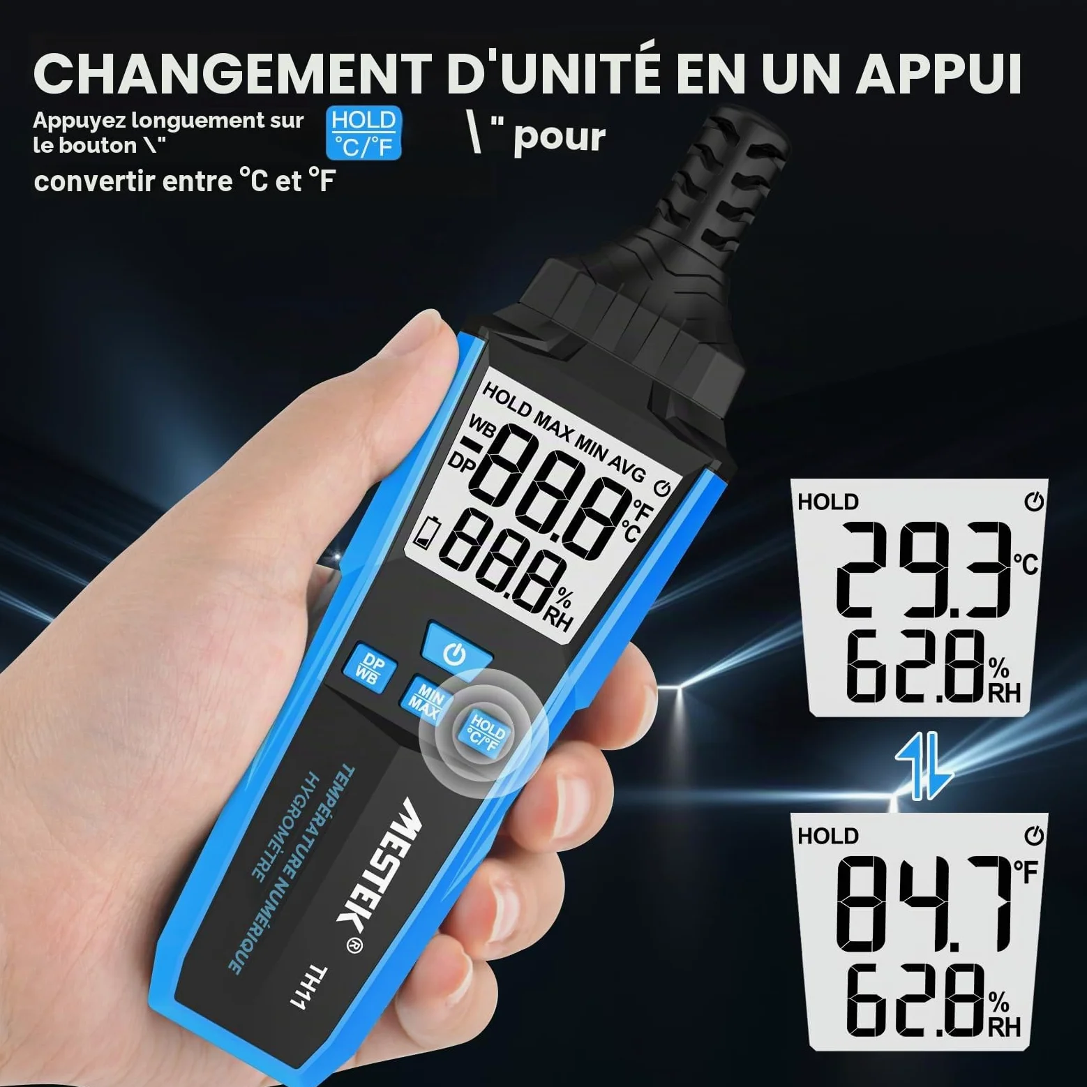 MESTEK Thermomètre Hygromètre Intérieur Extérieur, Thermo-Hygromètre Digital, Multifonctionnel à Haute Précision, pour Température/Humidité Ambiante, Température du Point de Rosée et Bulbe Humide