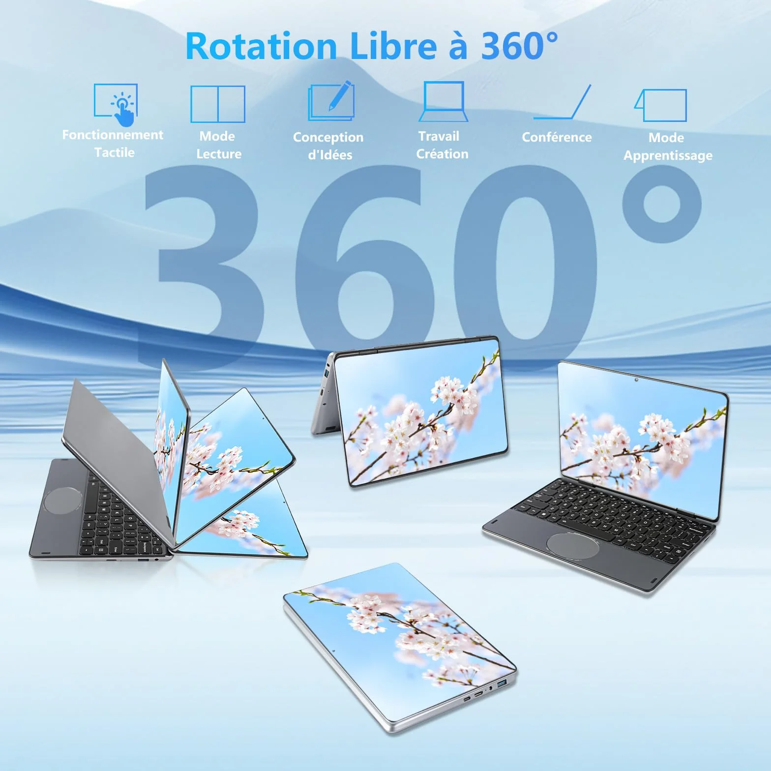 Ordinateur Portable 2-en-1 11 Pouces Tactile Celeron N100 16 Go DDR4 1920x1200 IPS Clavier Rétroéclairé Gris