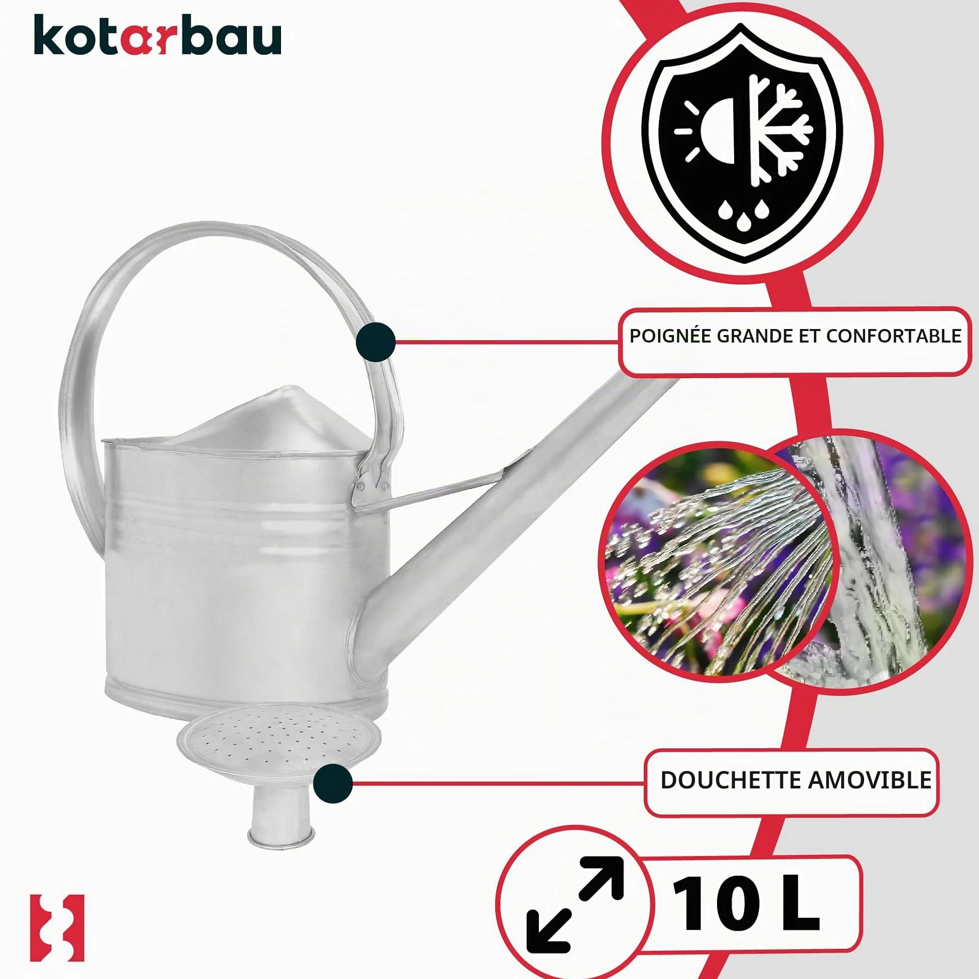 KOTARBAU® Arrosoir Plante Interieur - 10 L - Arrosoir Jardin - avec Pomme Amovible - Argenté - pour Terrasse - Balcon