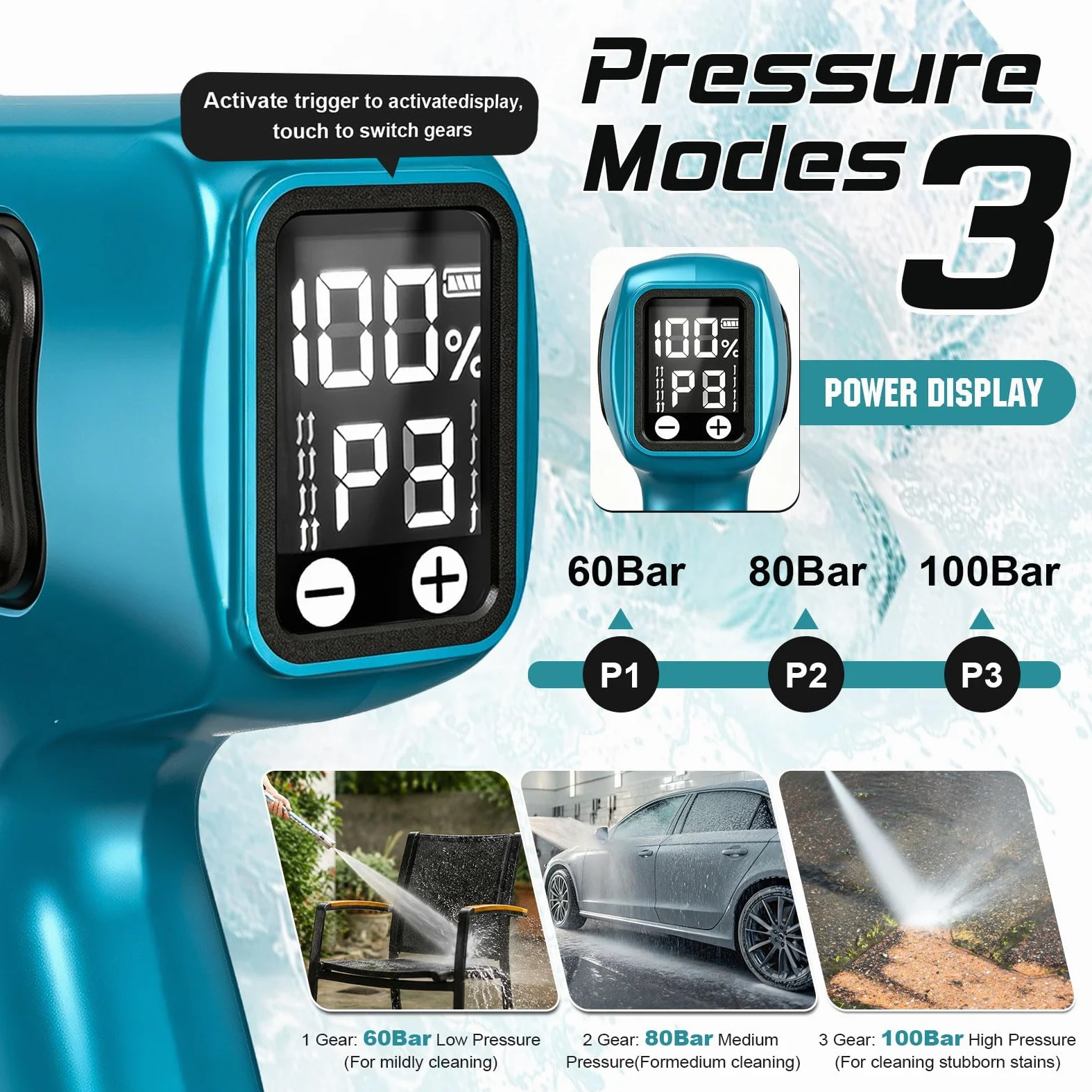 Nettoyeur Haute Pression sans Fil, Moteur sans Balais 3000 W, Mode 3 Vitesses, Maximum 100 Bar, Batterie De avec 2 Batteries 4,0 Ah, Buse Rotative 5 en 1, pour La Voiture Et La Maison