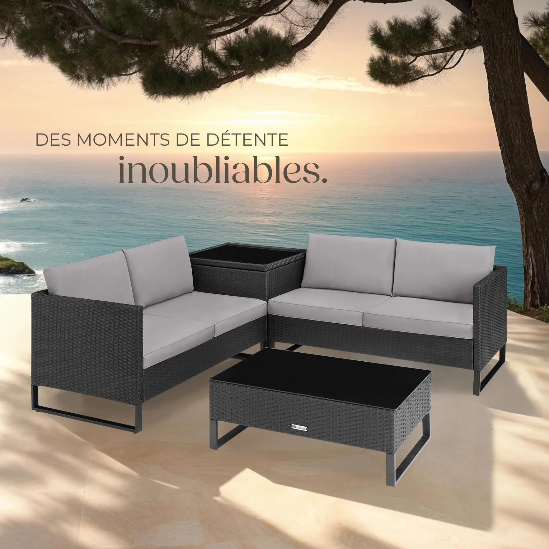 Tectake Ensemble Salon de Jardin Exterieur Modulable en Rotin, Canape 4 Places, Table Basse Verre, Coffre Rangement, Coussins Inclus